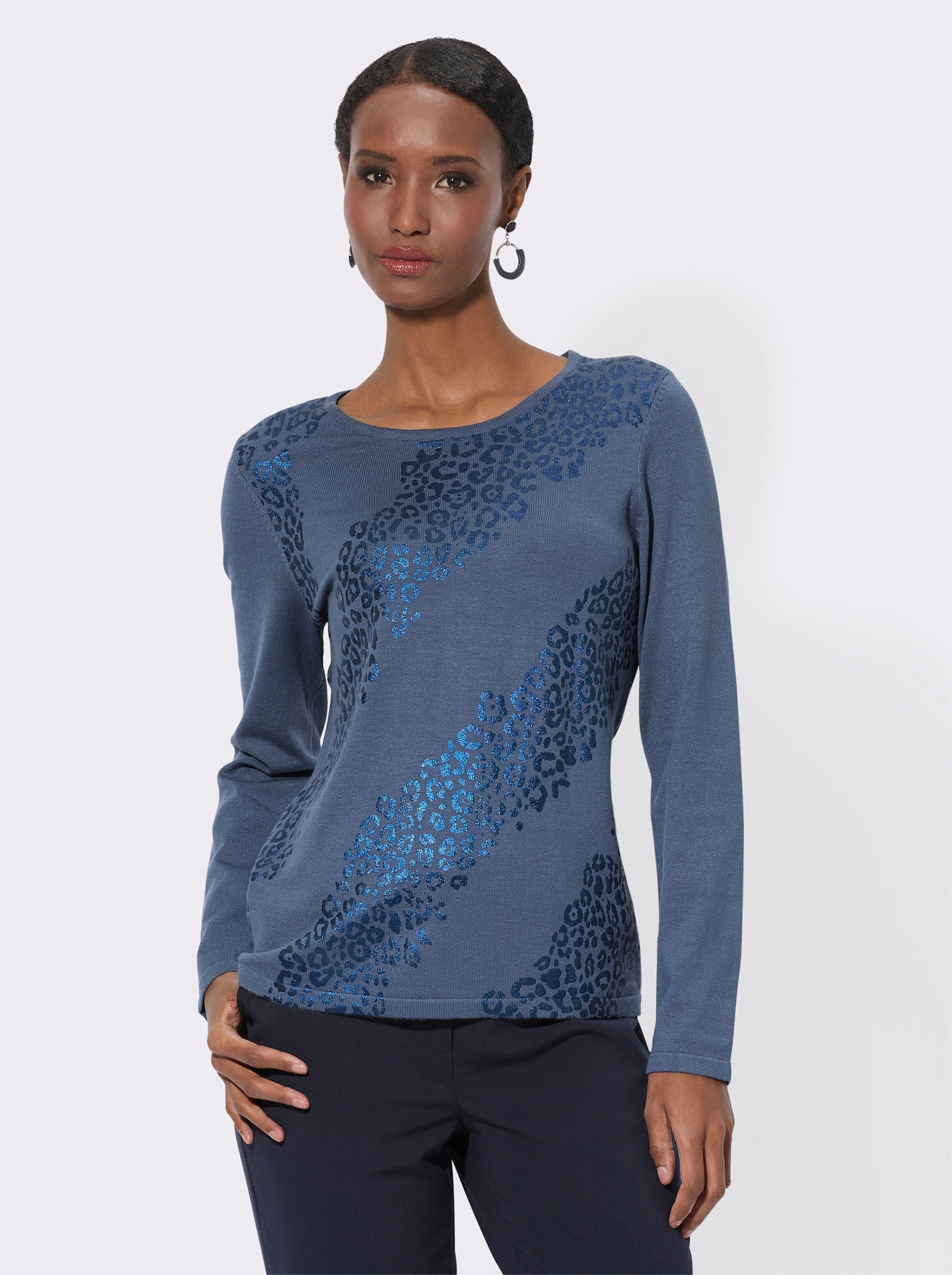 Langarm-Pullover mit Folien-Druck - rauchblau-marine-bedruckt