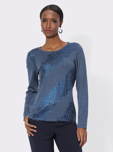 Langarm-Pullover mit Folien-Druck - rauchblau-marine-bedruckt