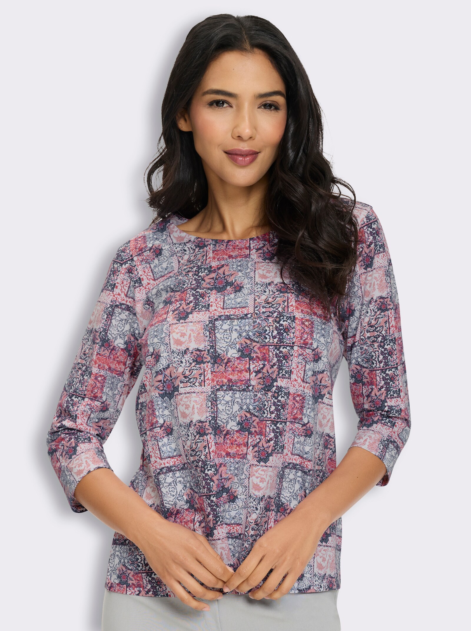 3/4-Arm-Shirt in Patchwork-Optik - fuchsia-rauchblau-bedruckt