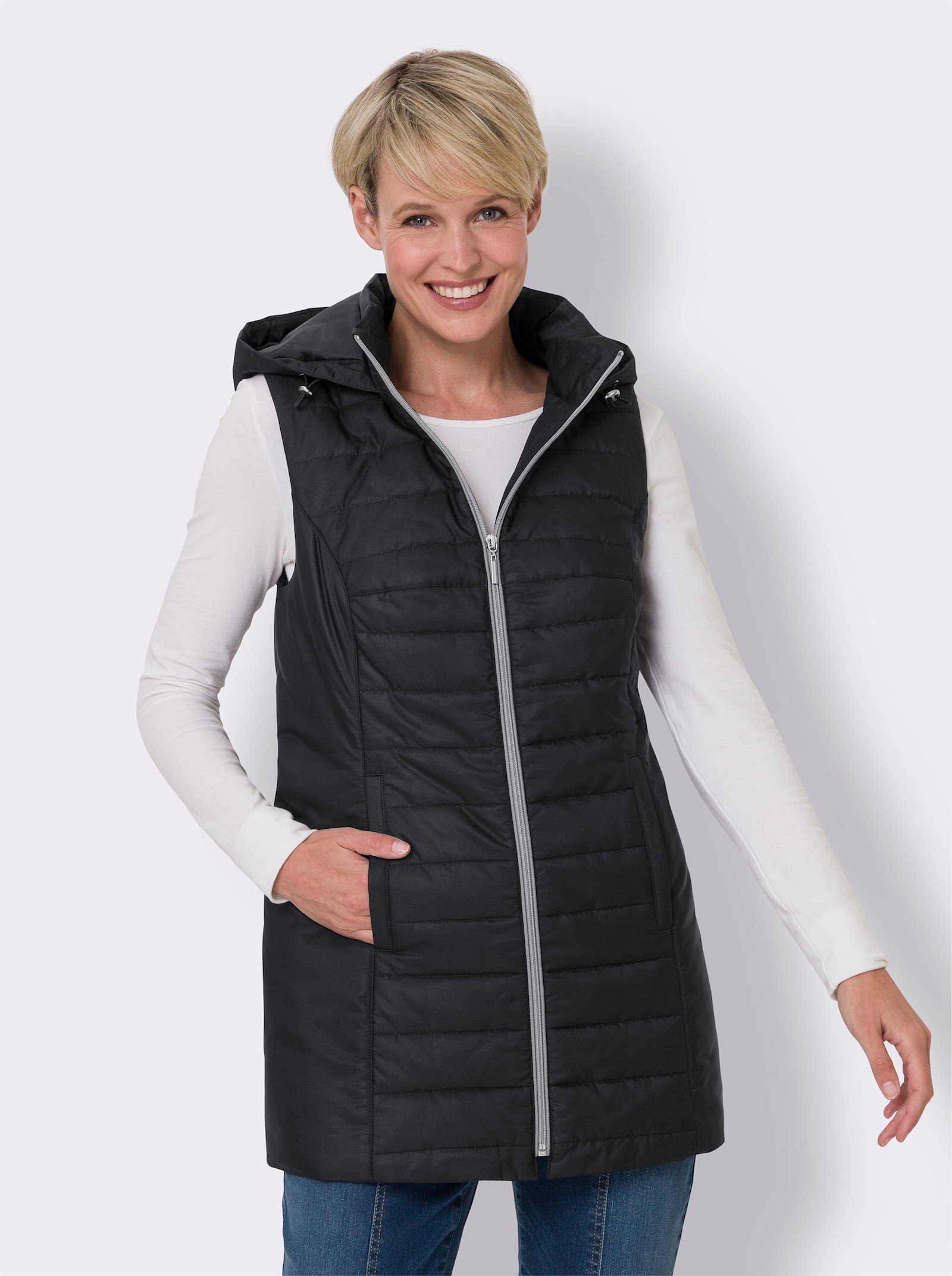 Lange bodywarmer met capuchon - zwart