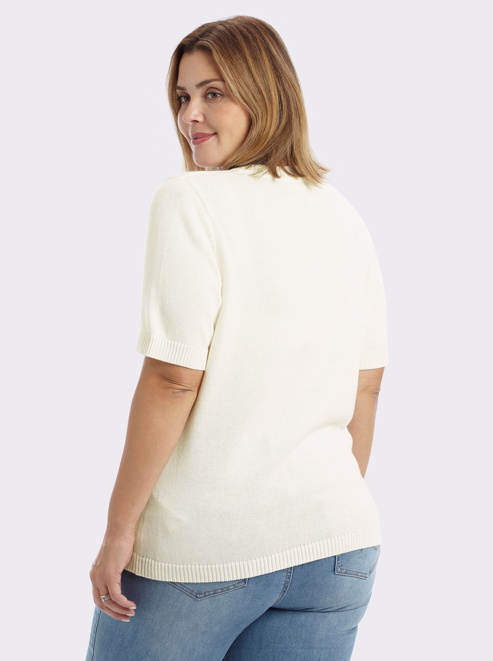 Kurzarmpullover mit Rippabschlüssen - wollweiß