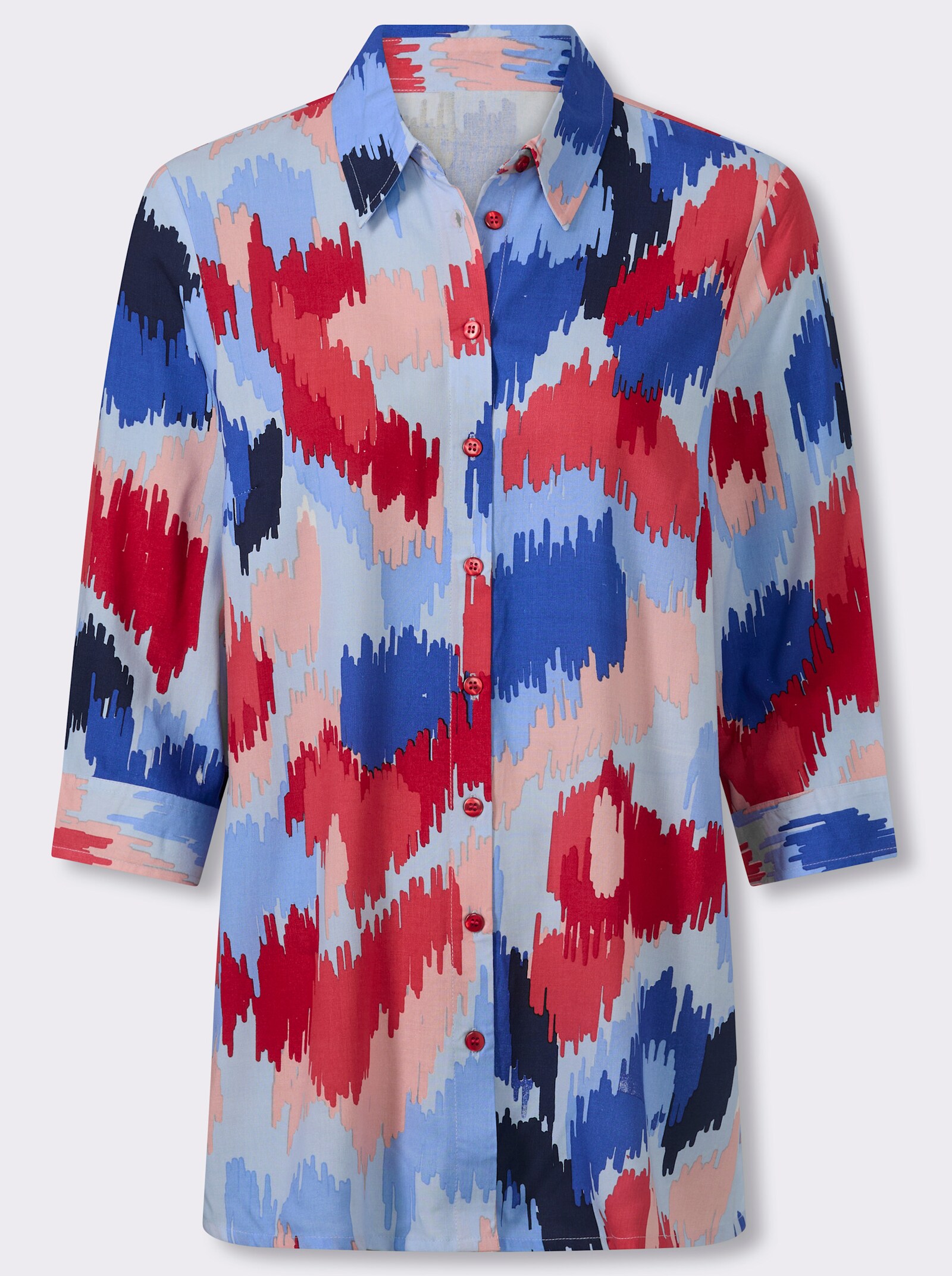 Longbluse in A-Form, aus reiner Viskose - hellblau-erdbeere-bedruckt