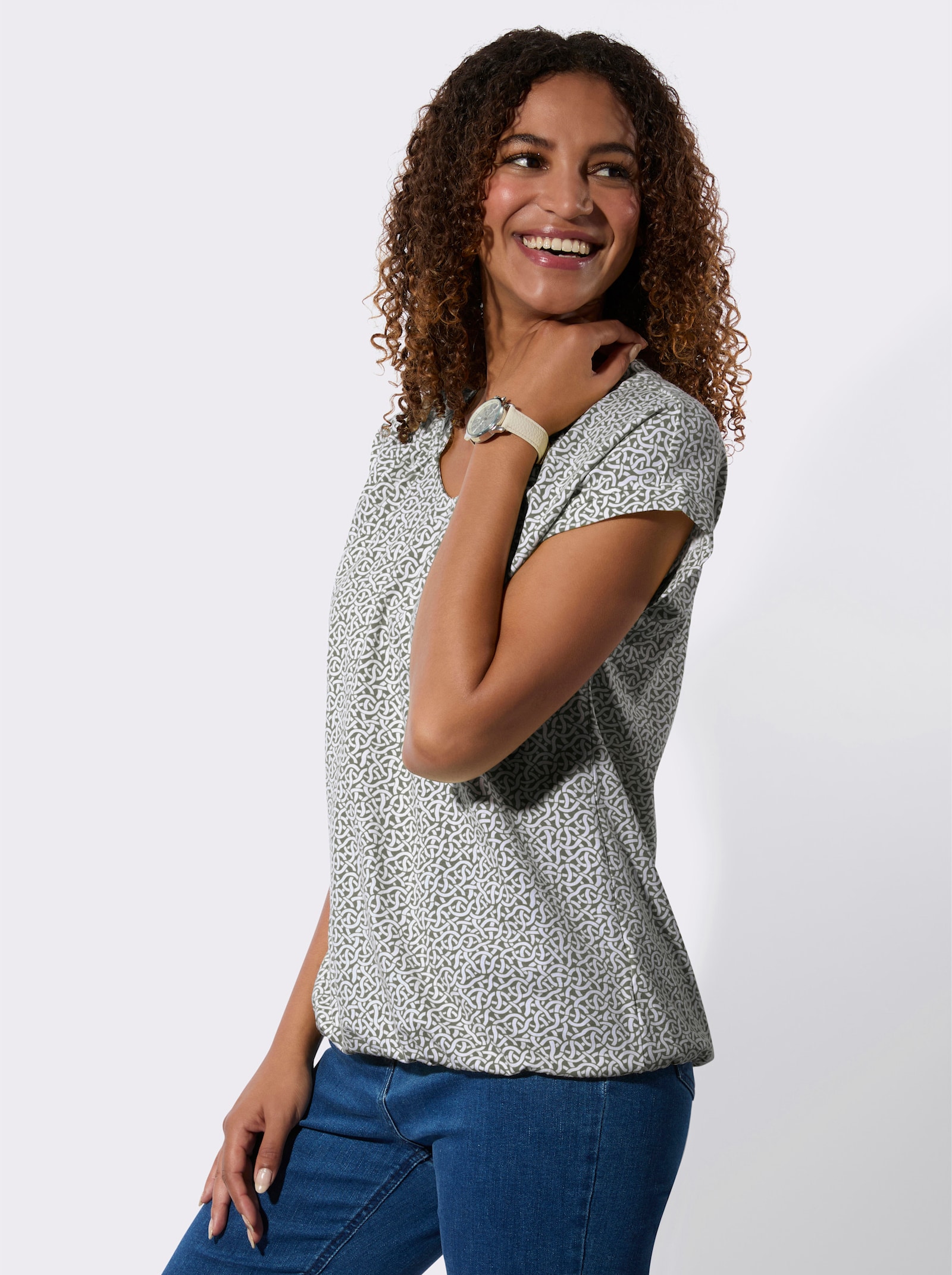 Kurzarmshirt mit kleinen Raffungen - khaki-ecru-bedruckt