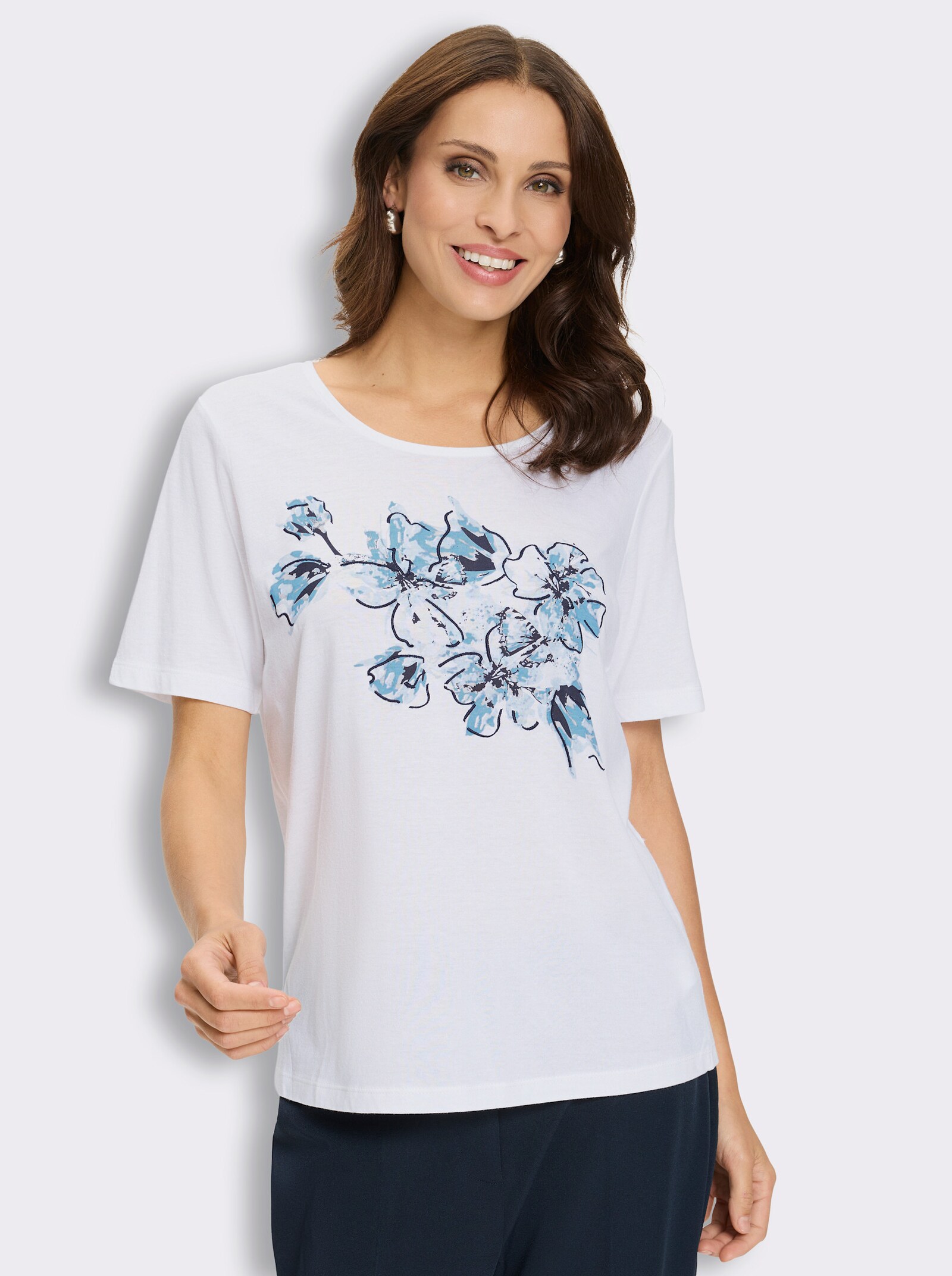 Kurzarmshirt im Modal-Mix - ecru-aqua-bedruckt