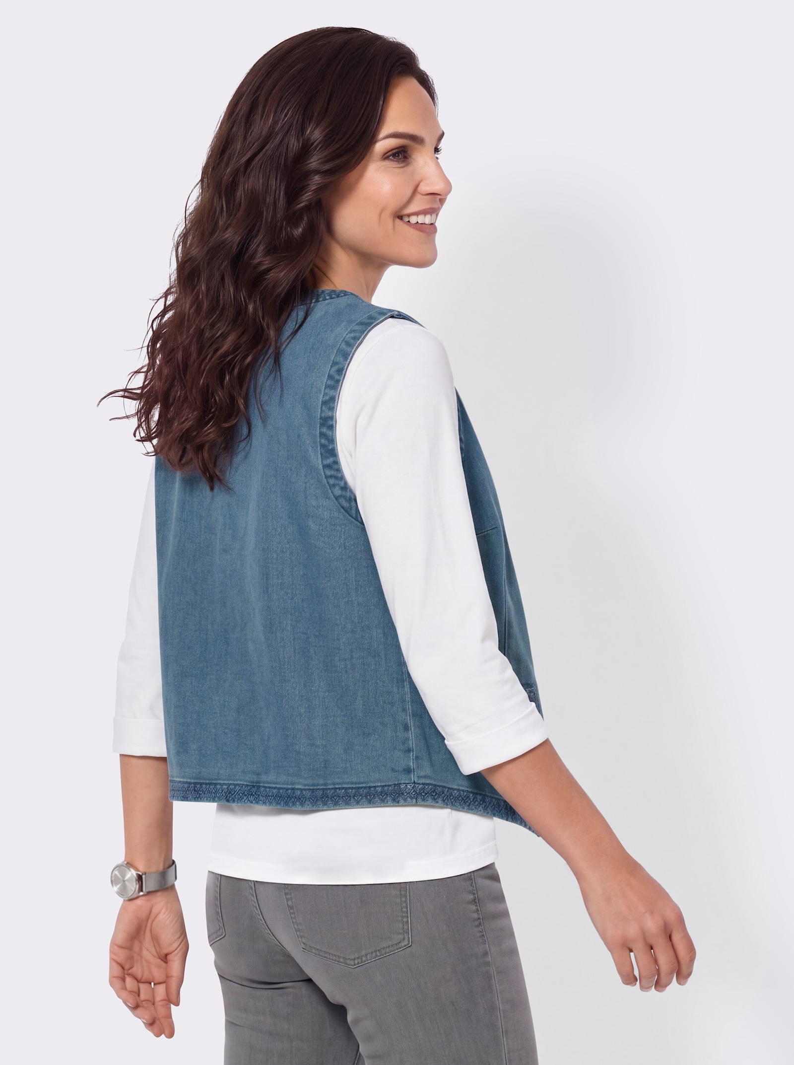 Jeansweste mit Blütenstickerei - blue-bleached