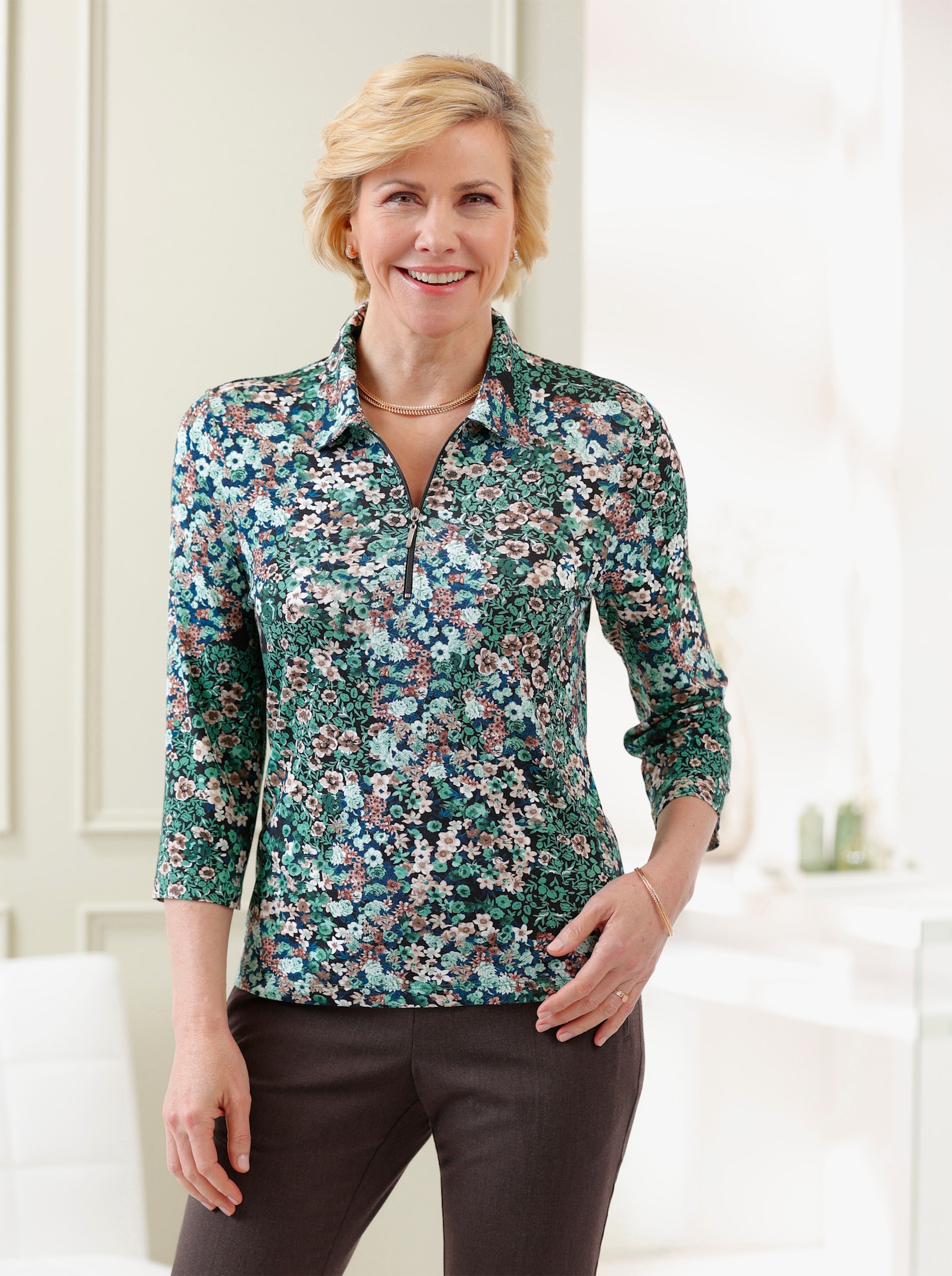 Poloshirt met korte ritssluiting - mos/sesam bedrukt