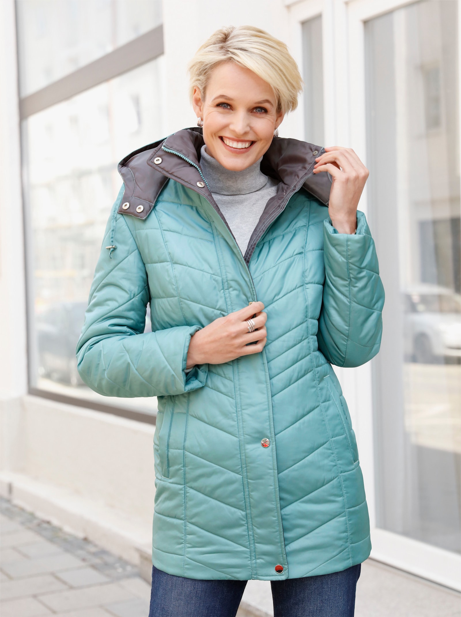 Steppjacke mit Kontrastfutter - jade-grau