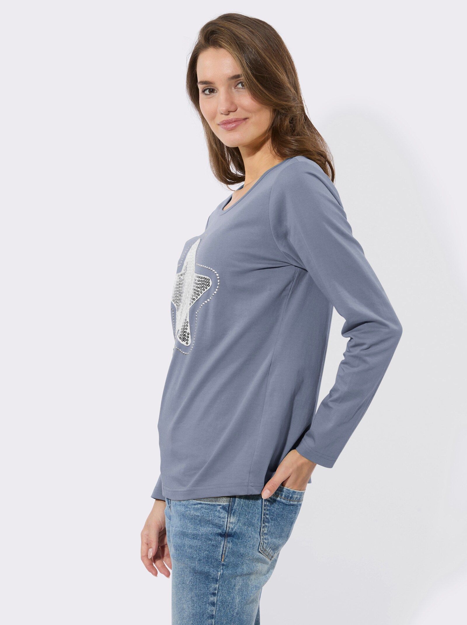 Rundhalsshirt mit Sternen-Motiv - taubenblau