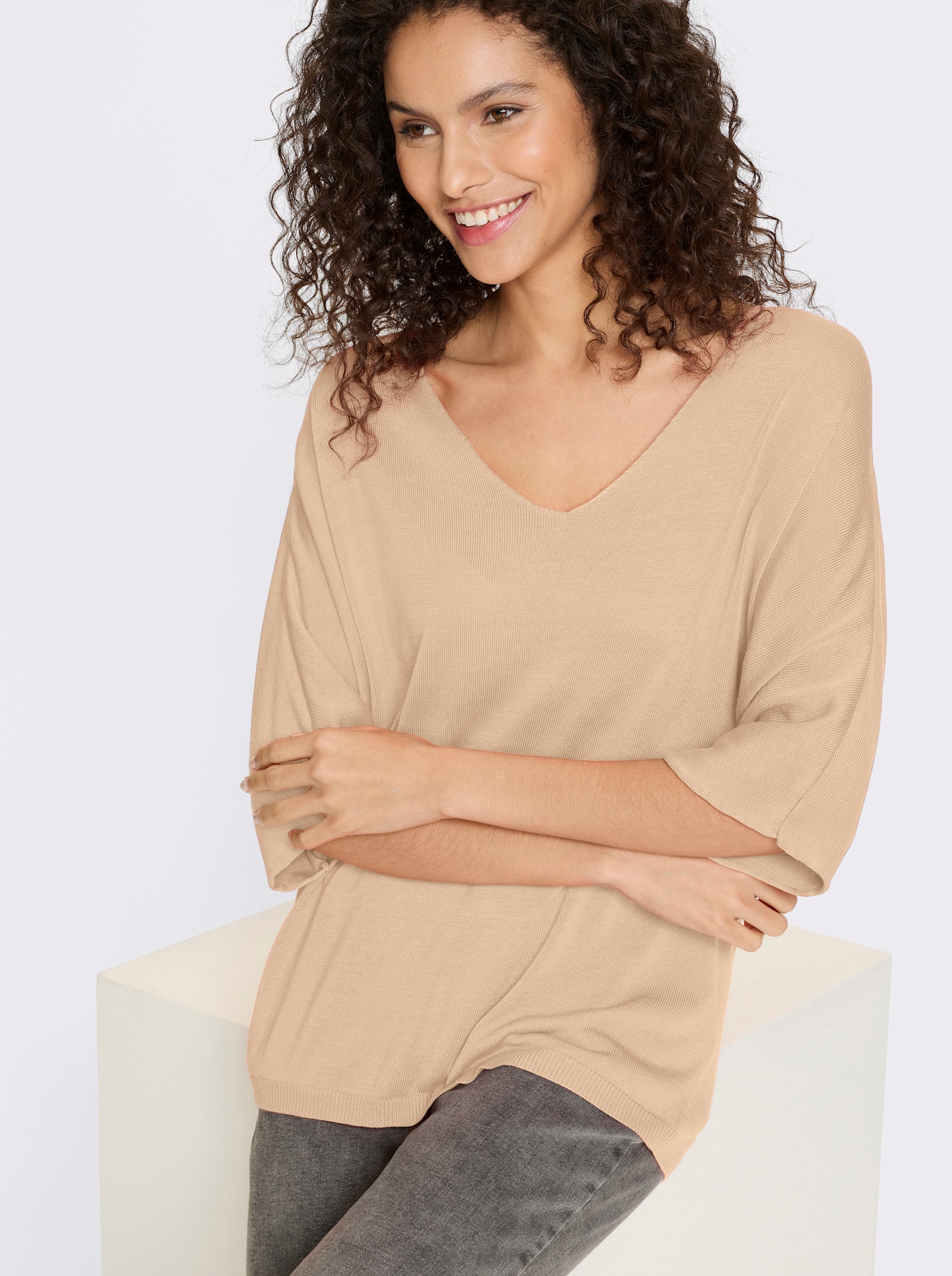 heine Feinstrickpullover mit grossem V-Ausschnitt - sand