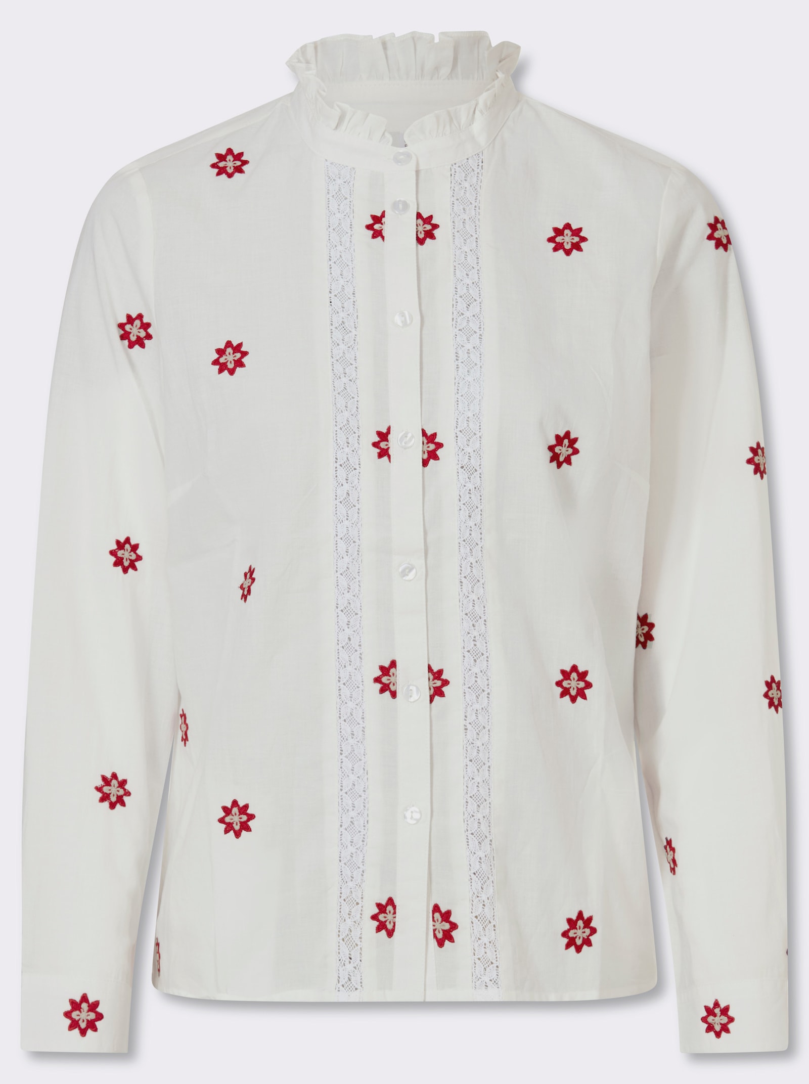 Spitzenbluse - ecru-dunkelrot-gemustert