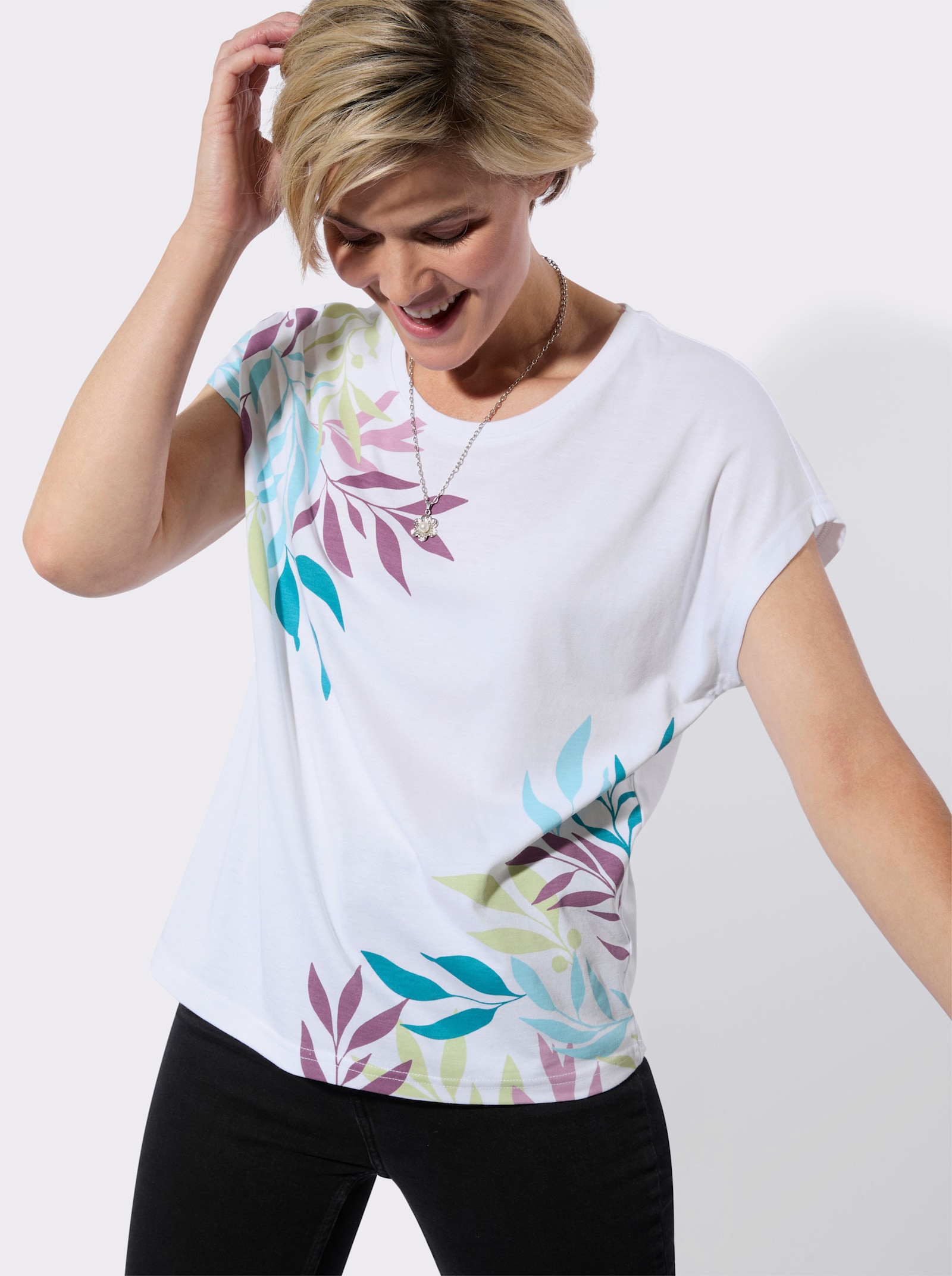 Rundhalsshirt mit floralem Muster - weiß-aquamarin-bedruckt