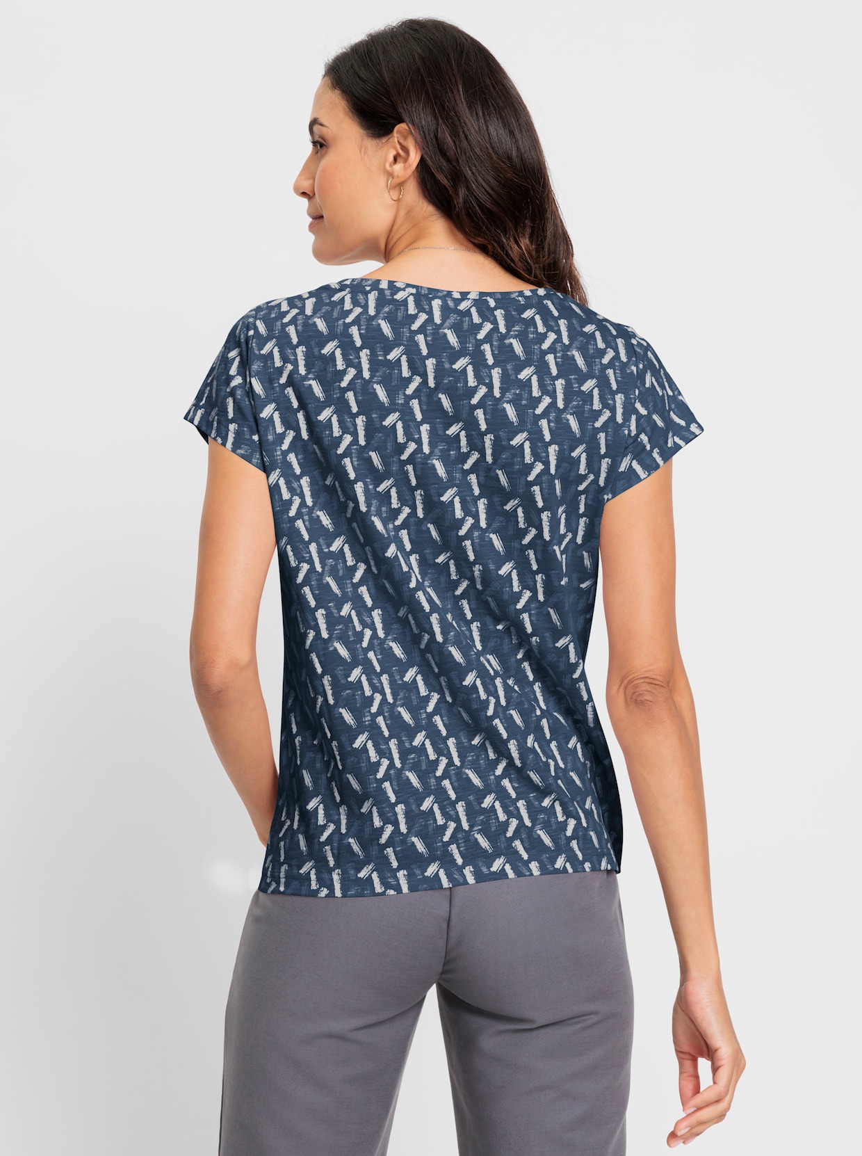 Shirt met ronde hals - donkerblauw/ecru bedrukt