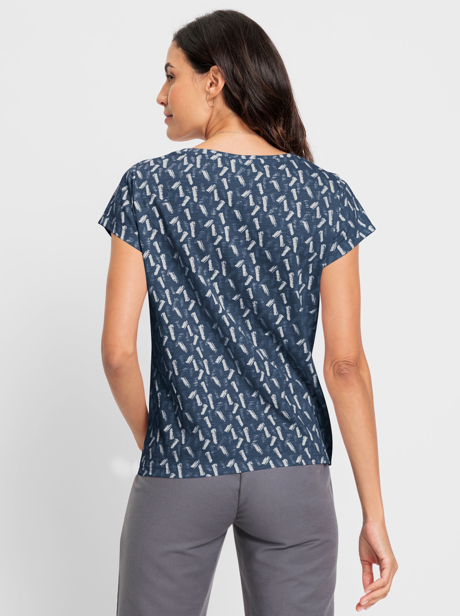 Rundhalsshirt mit Flammgarn-Struktur - dunkelblau-ecru-bedruckt