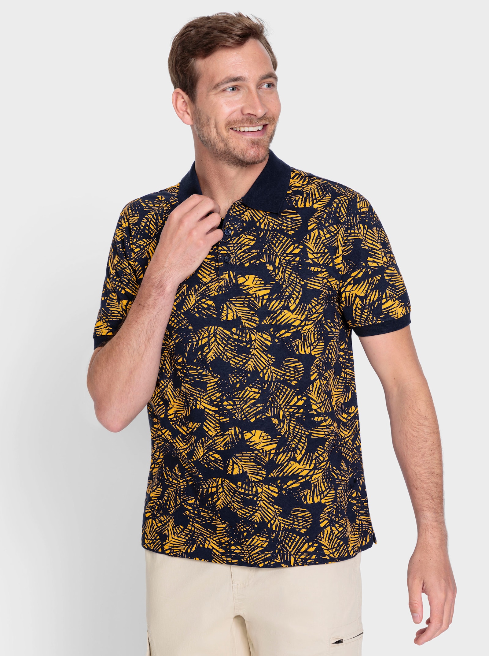 Catamaran Shirt met korte mouwen en bloemenpatroon rondom - marine/oker gedessineerd