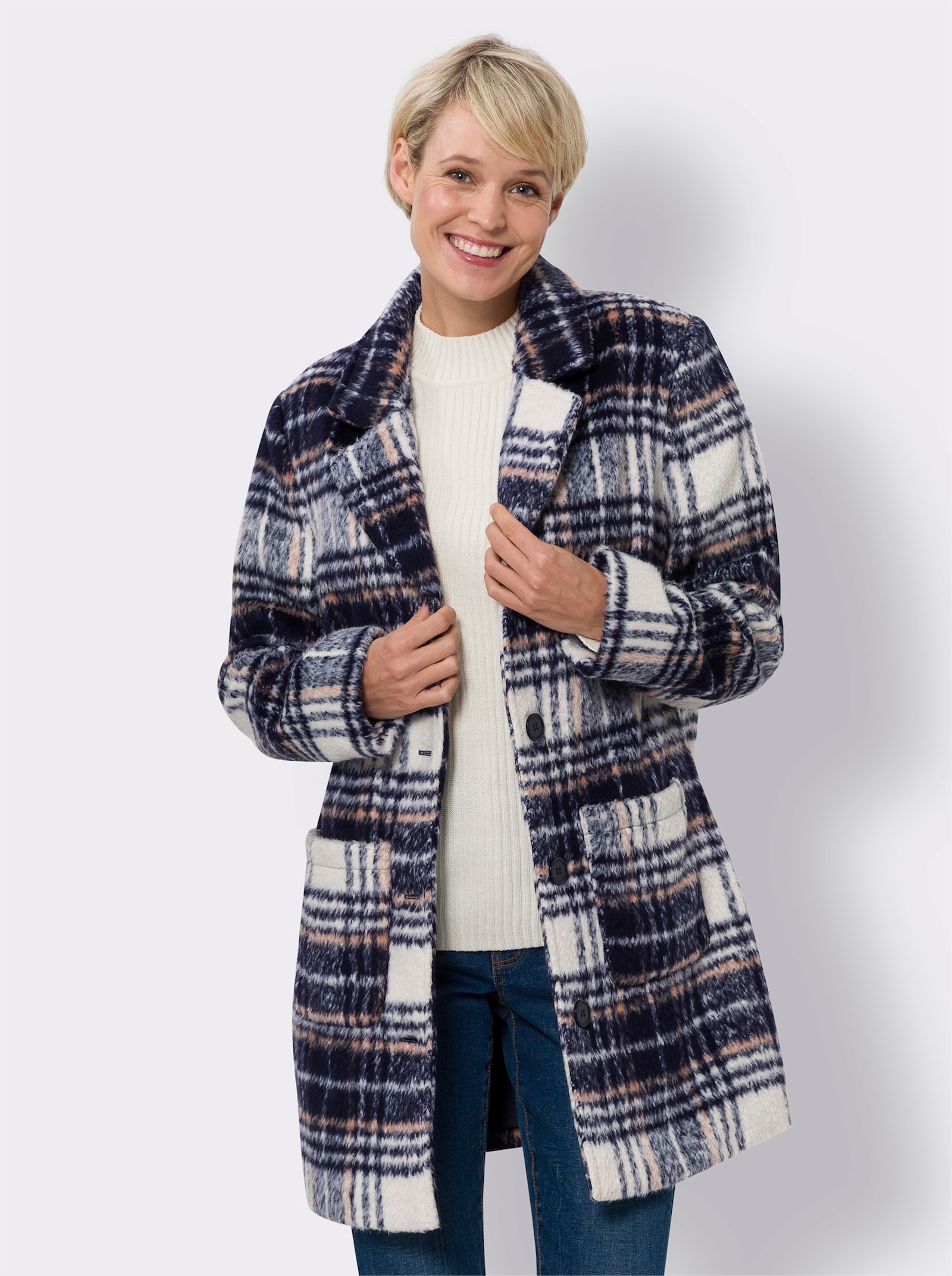 Longjacke für normale Wintertemperaturen - marine-champagner-kariert