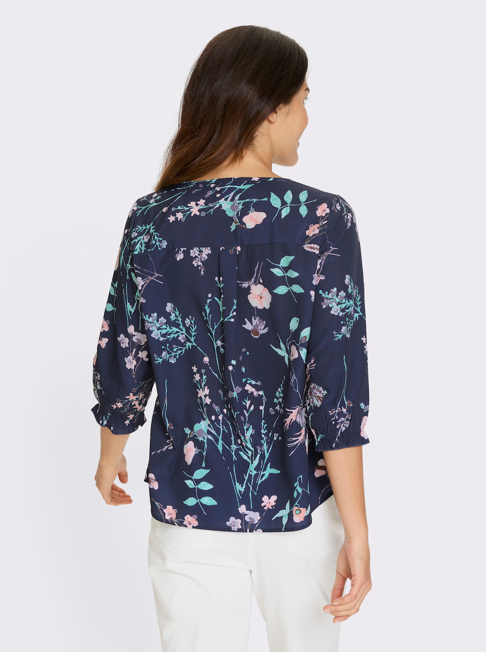 Navlékací halenka s volánky na rukávech - námořnická modrá-světle růžová-potisk