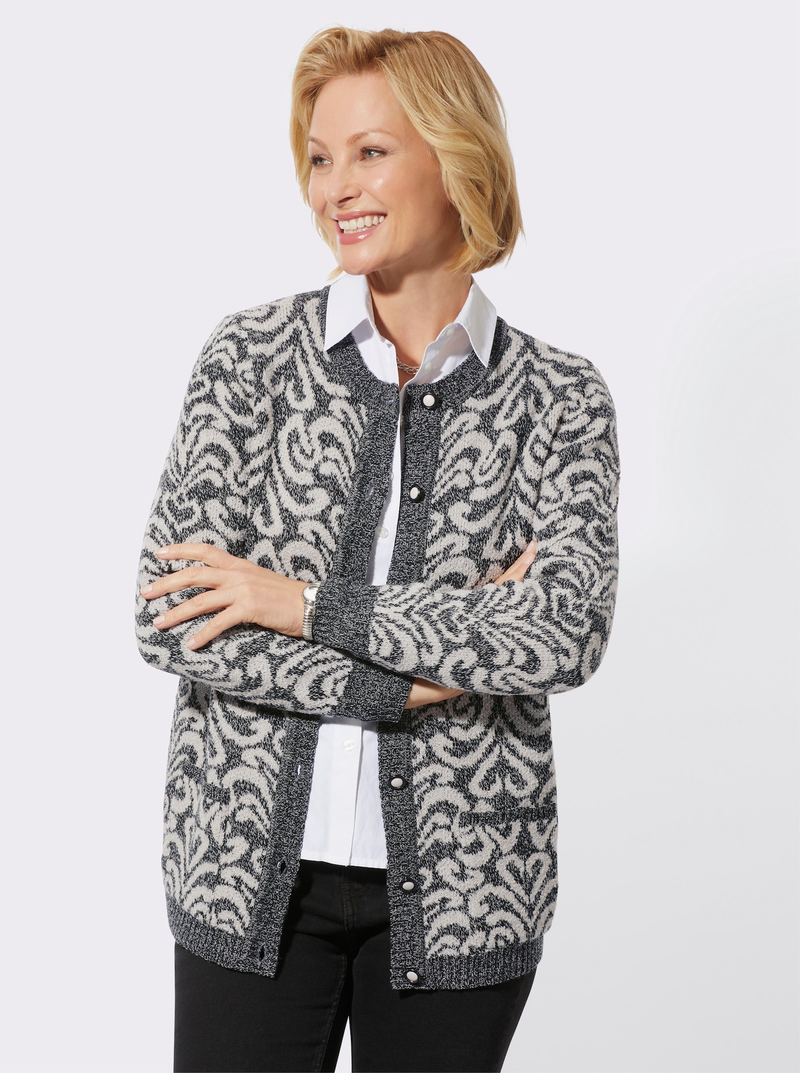 Strickjacke in Bouclé-Qualität - schwarz-hellgrau-gemustert