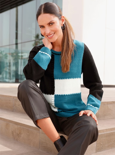 Langarm-Pullover in Colour-Blocking-Optik - aquapetrol-schwarz