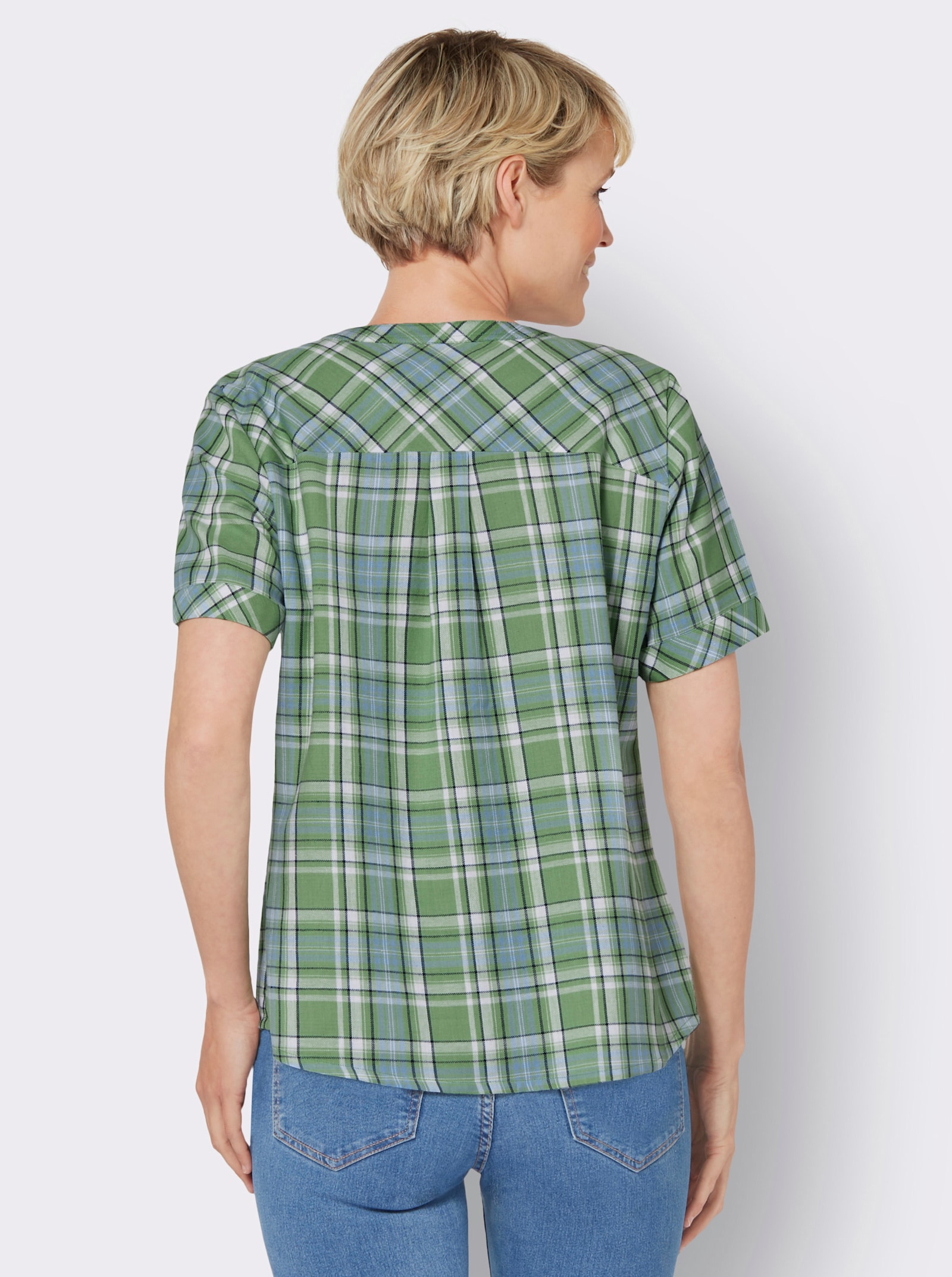 Geruite blouse met in het garen geverfd patroon - eucalyptus/hemelsblauw geruit