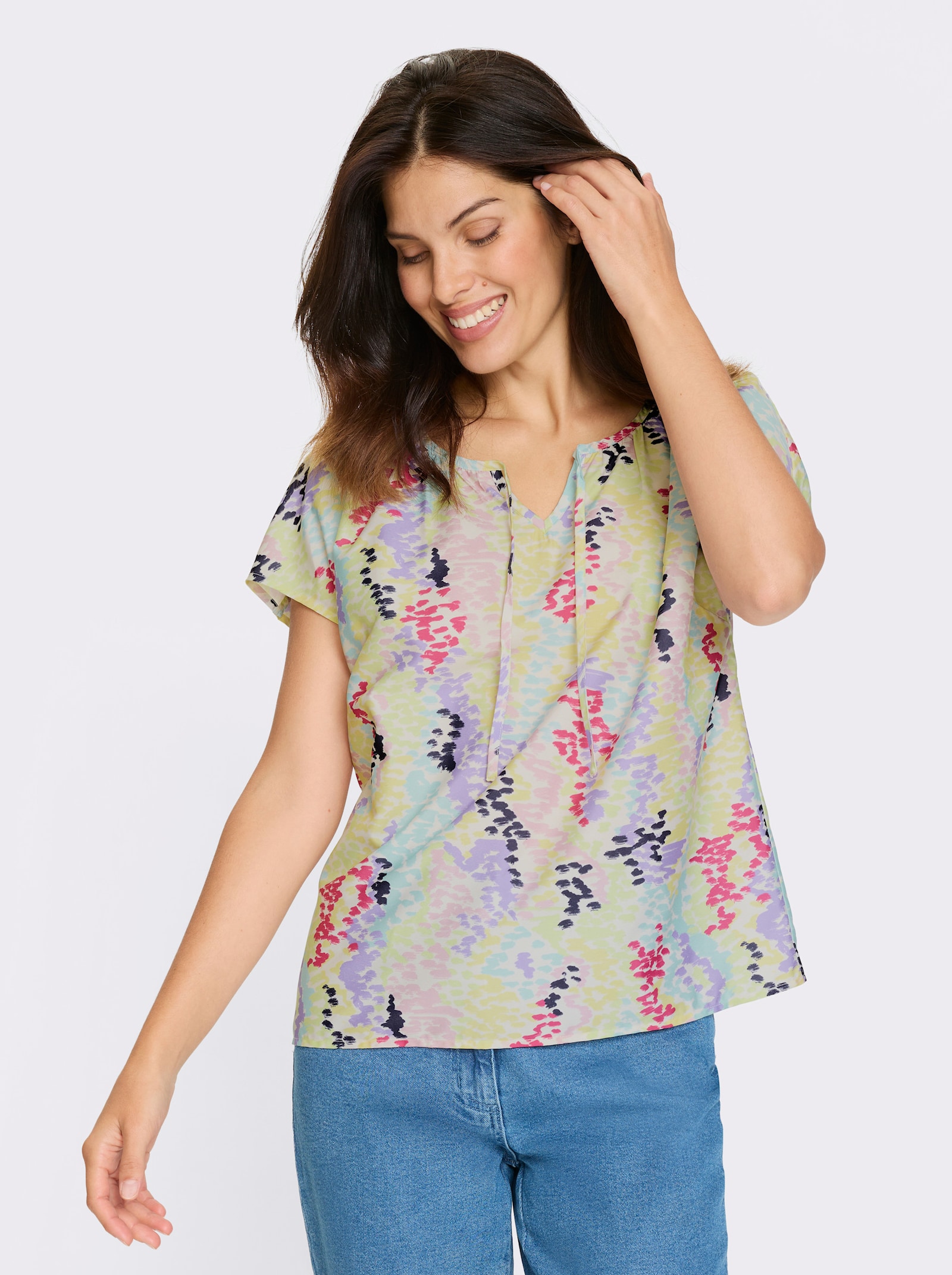 Navlékací halenka s puntíkovaným potiskem - citronová-levandulová-potisk