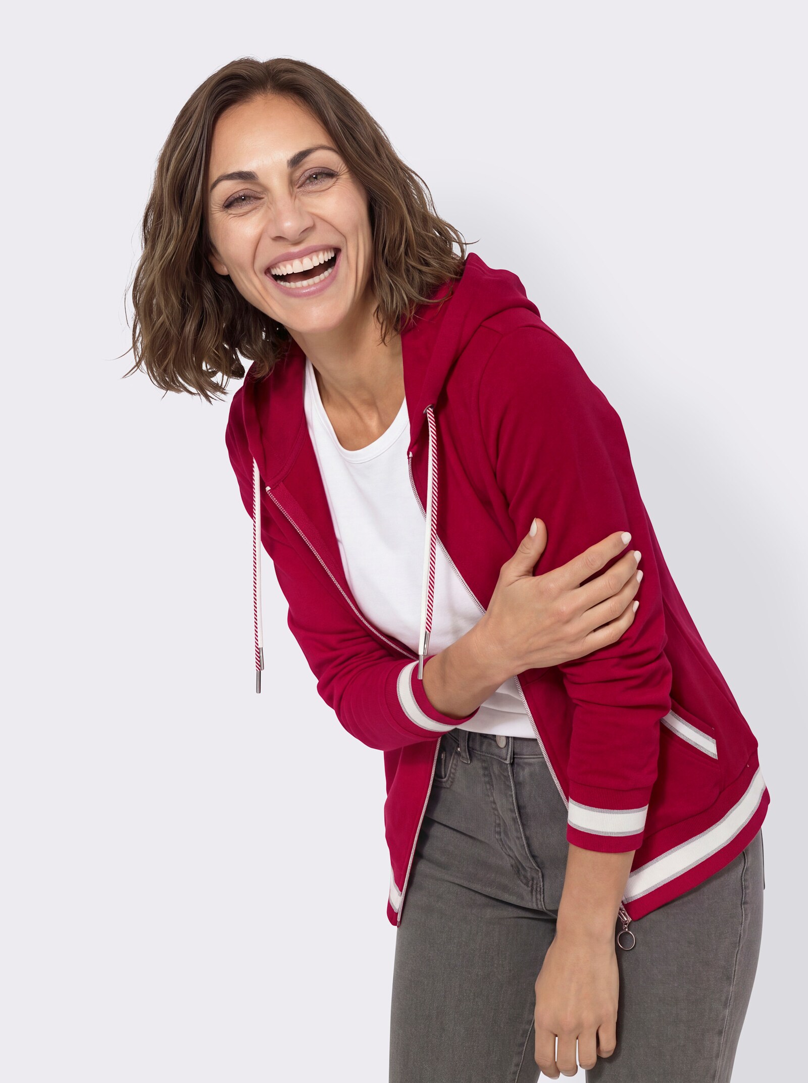 Sweatjacke mit Känguru-Tasche - rot-ecru