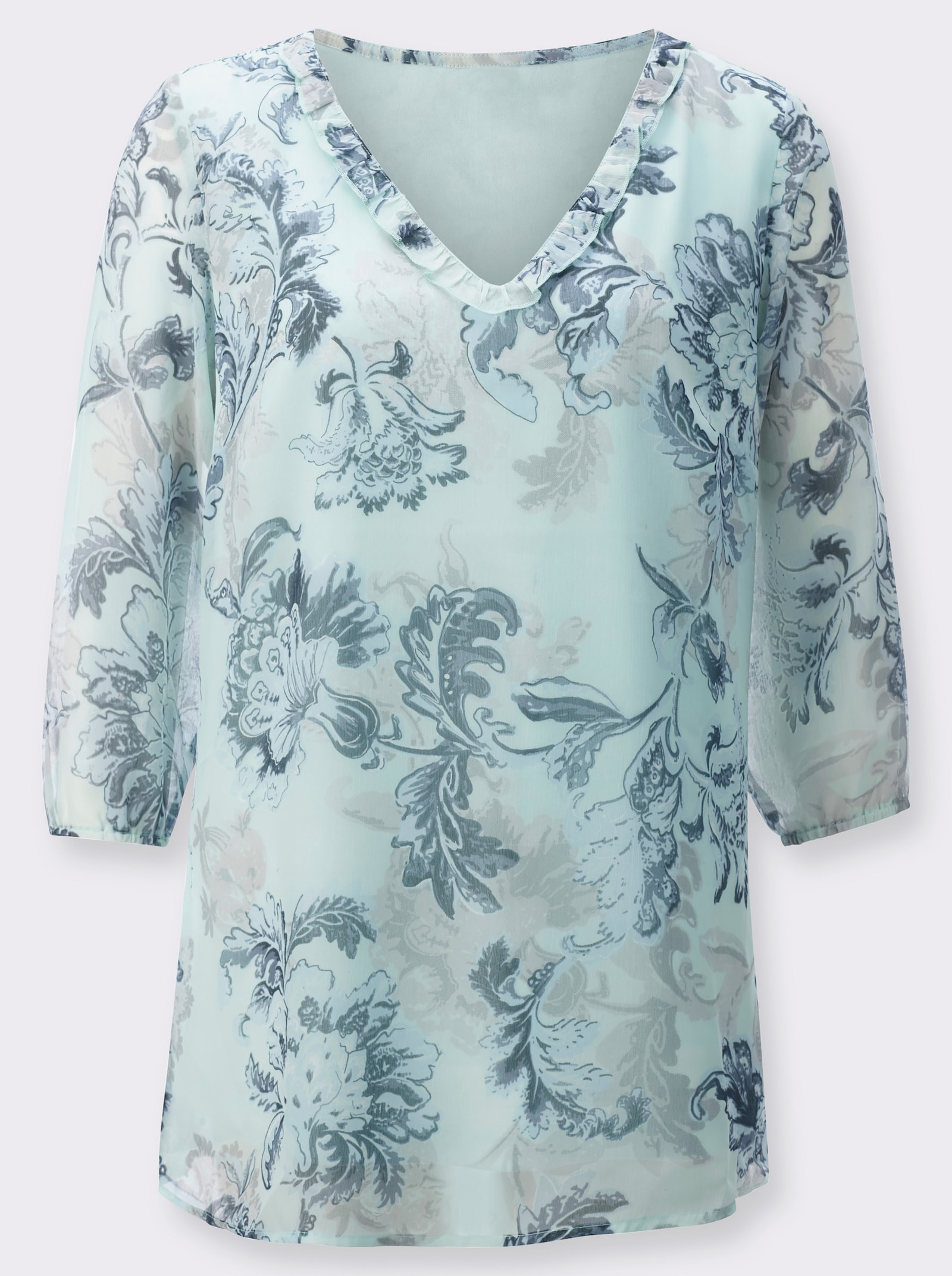 Chiffonblouse met volants bij de hals - kalkmint/rookblauw bedrukt