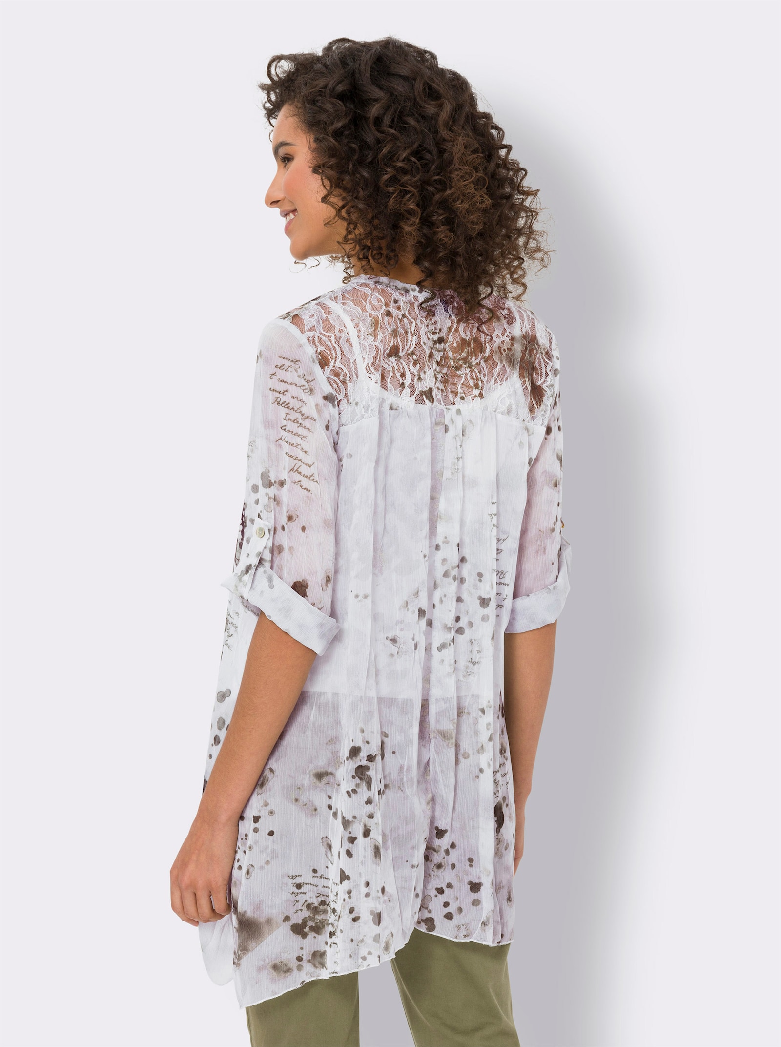 heine Longbluse mit rückwärtigem Spitzeneinsatz - ecru-oliv-bedruckt
