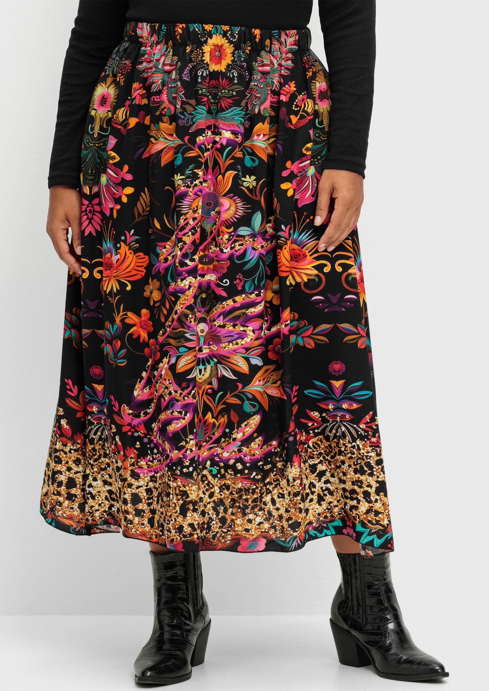 sheego loves miss goodlife Maxirock mit floralem Print, aus Viskose-Satin - schwarz-bunt