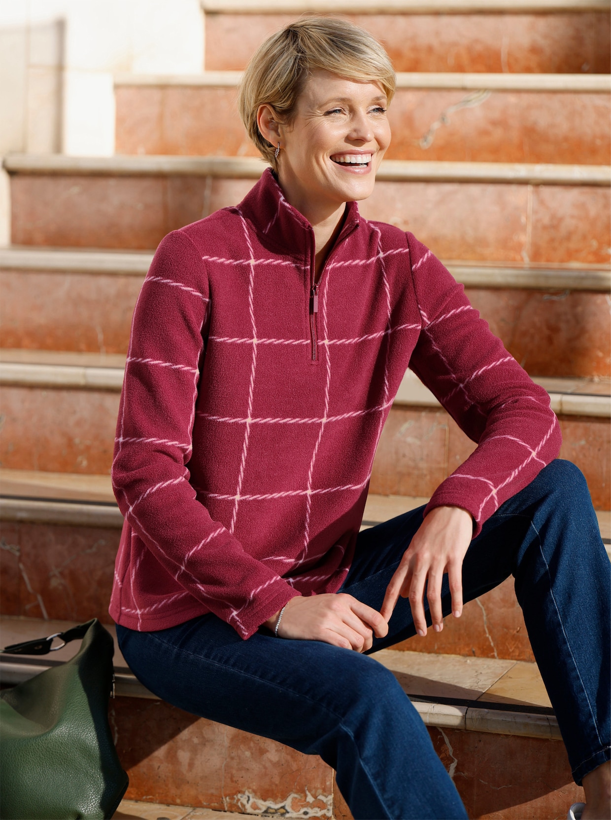 Fleeceshirt mit Karo-Muster - dunkelrot-ecru-kariert