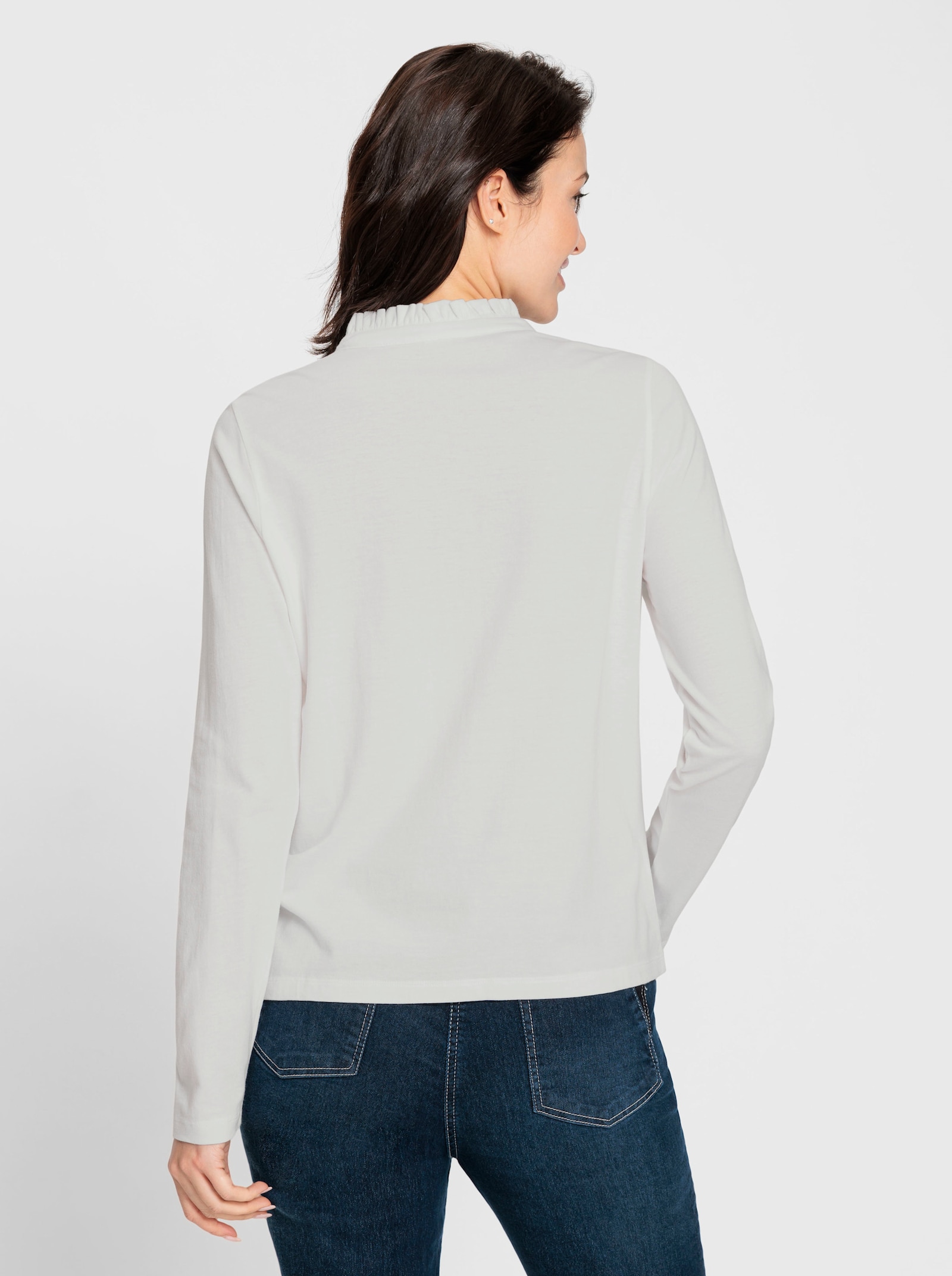 Langarmshirt mit gerüschtem Stehkragen - ecru