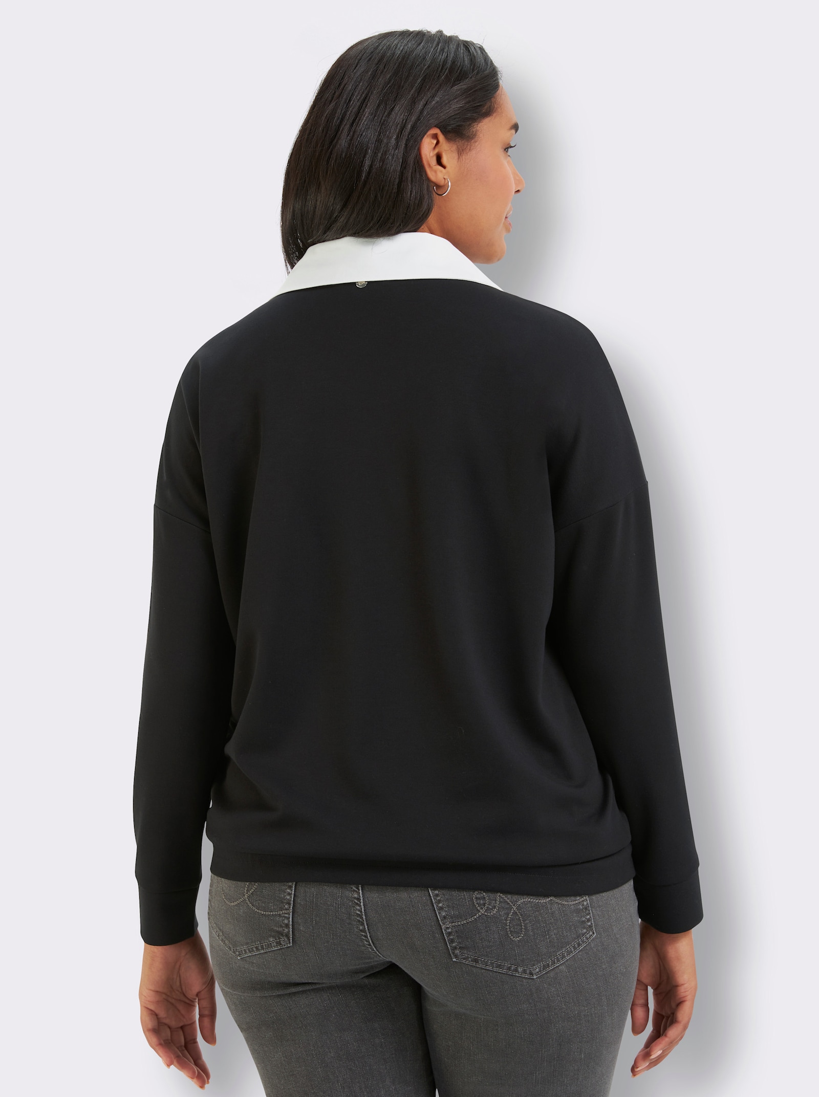 sheego Sweatshirt mit abnehmbarem Hemdkragen - schwarz-bedruckt