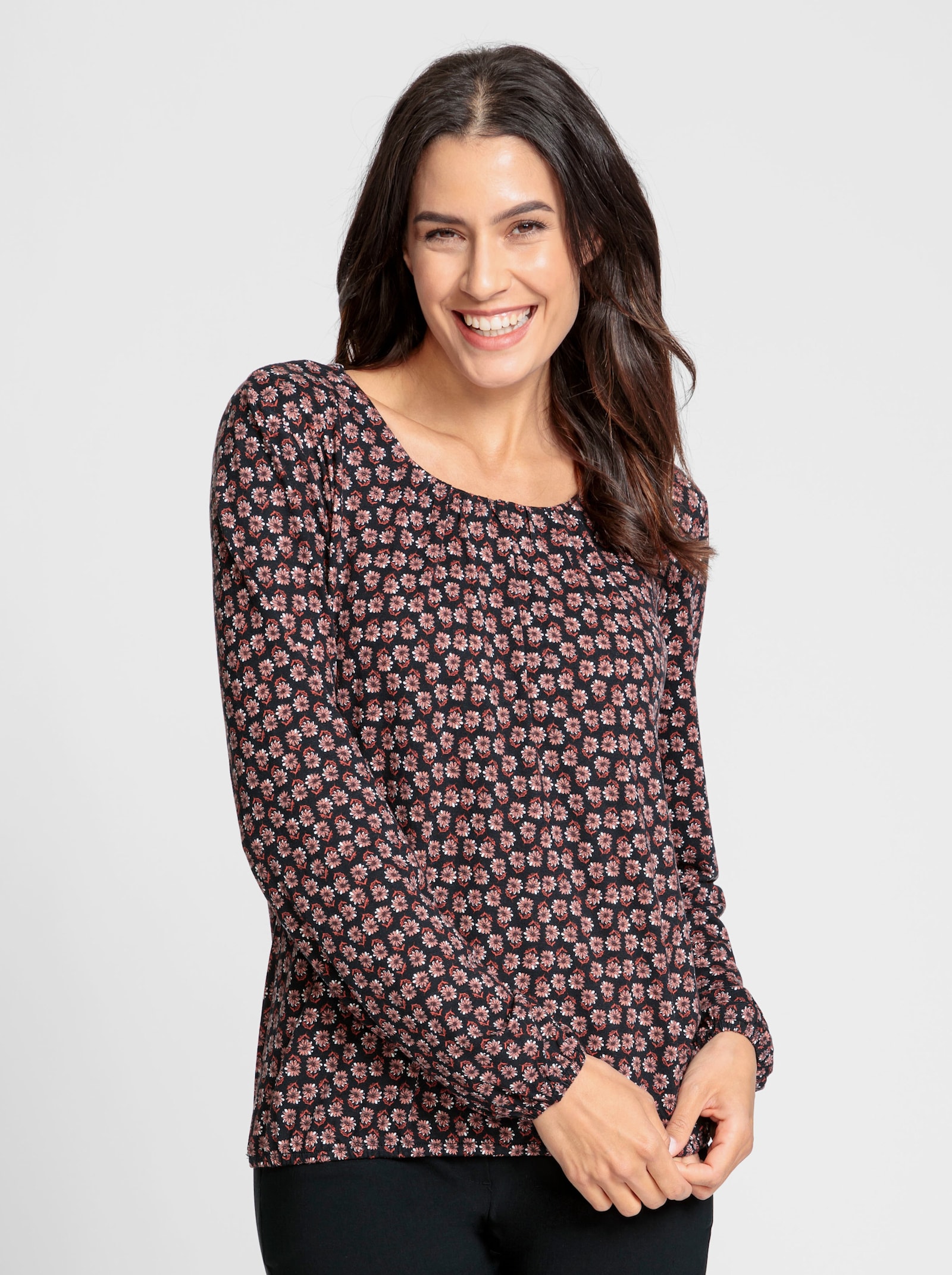 Print-Shirt mit Gummizug an Ärmeln und Saum - schwarz-rostrot-bedruckt