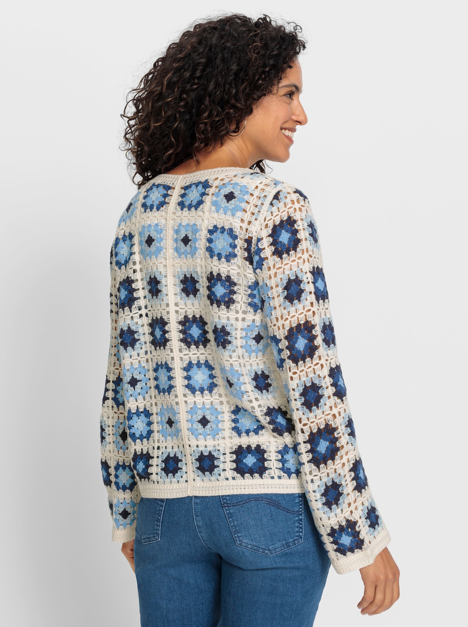 Strickjacke in Häkel-Optik - ecru-jeansblau