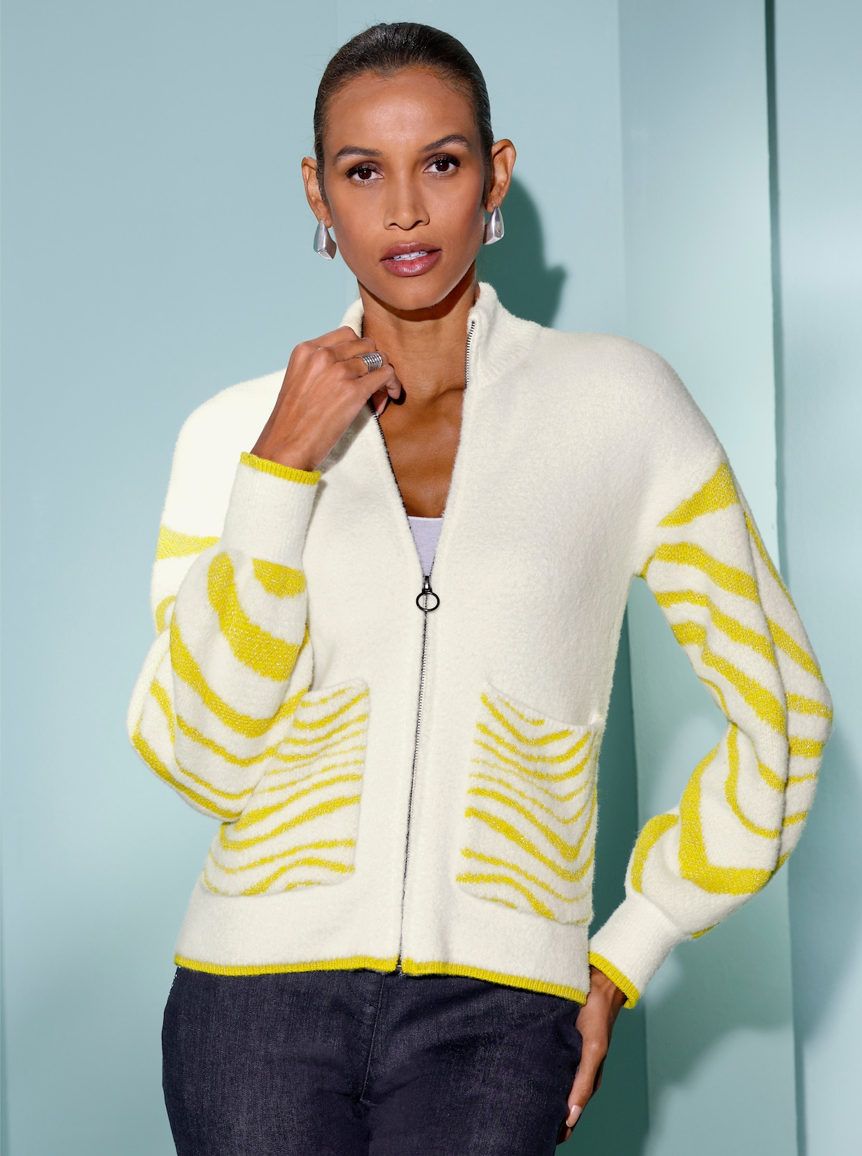 Jacquardstrickjacke - ecru-limone-gemustert