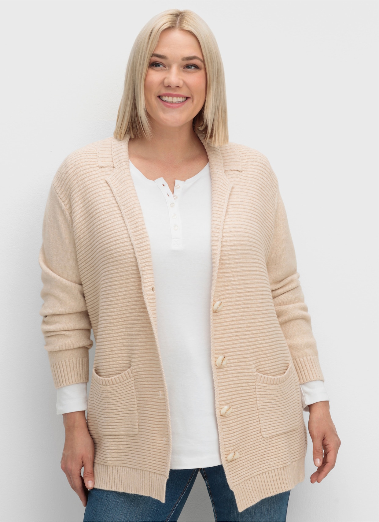 Strickjacke mit Ripp-Muster vorne - elfenbein-meliert
