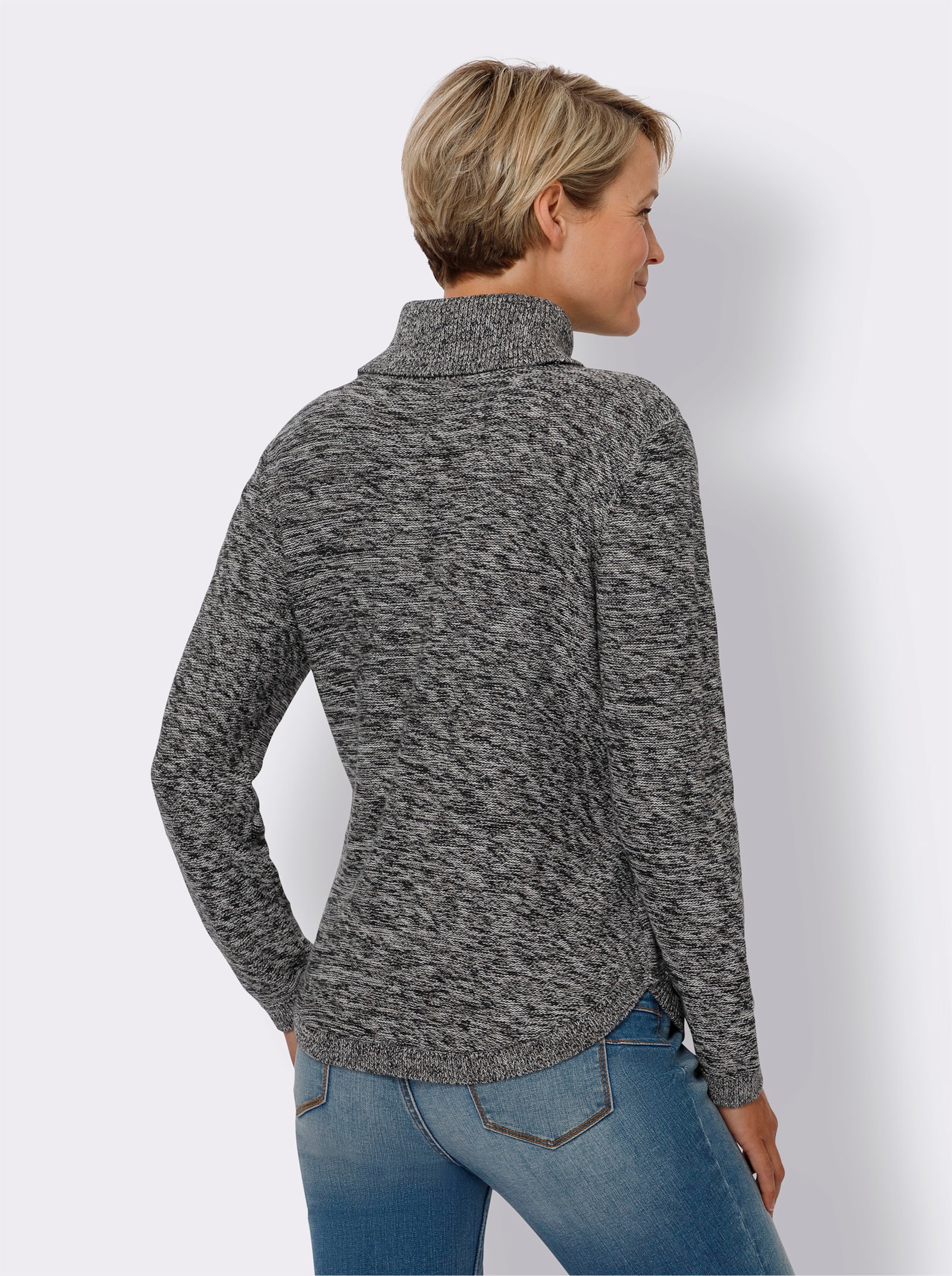 Pulóver, rolákový golier, bavlna - Čierno-svetlobéžový melír