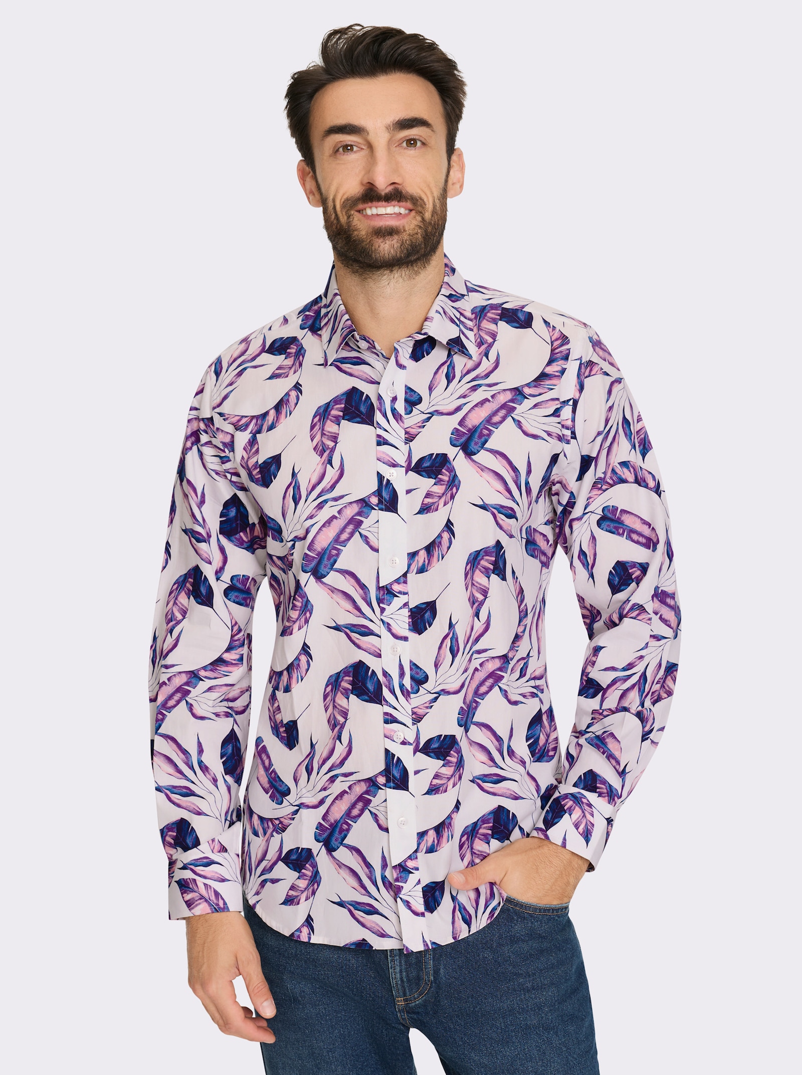 Marco Donati Langarmhemd mit Blätter-Print - weiß-lila-bedruckt