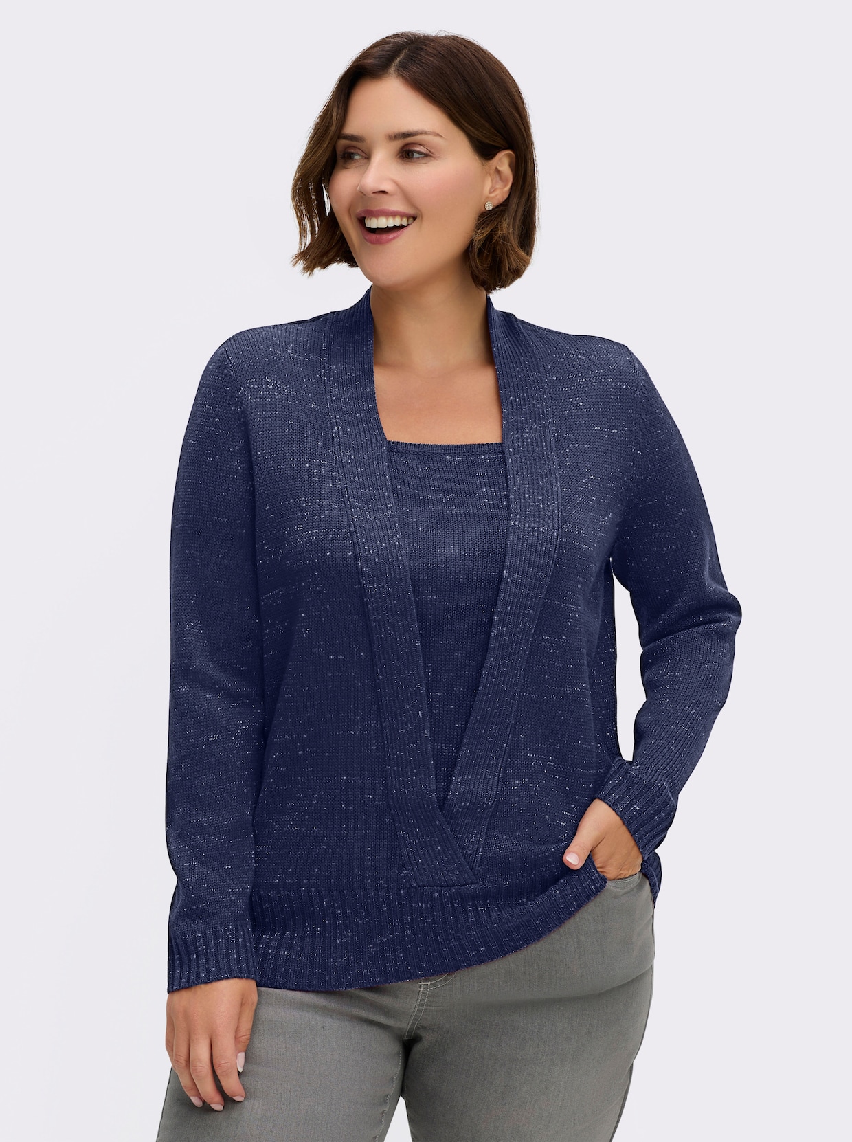 2-in-1-Pullover mit Schalkragen-Optik - blau-meliert