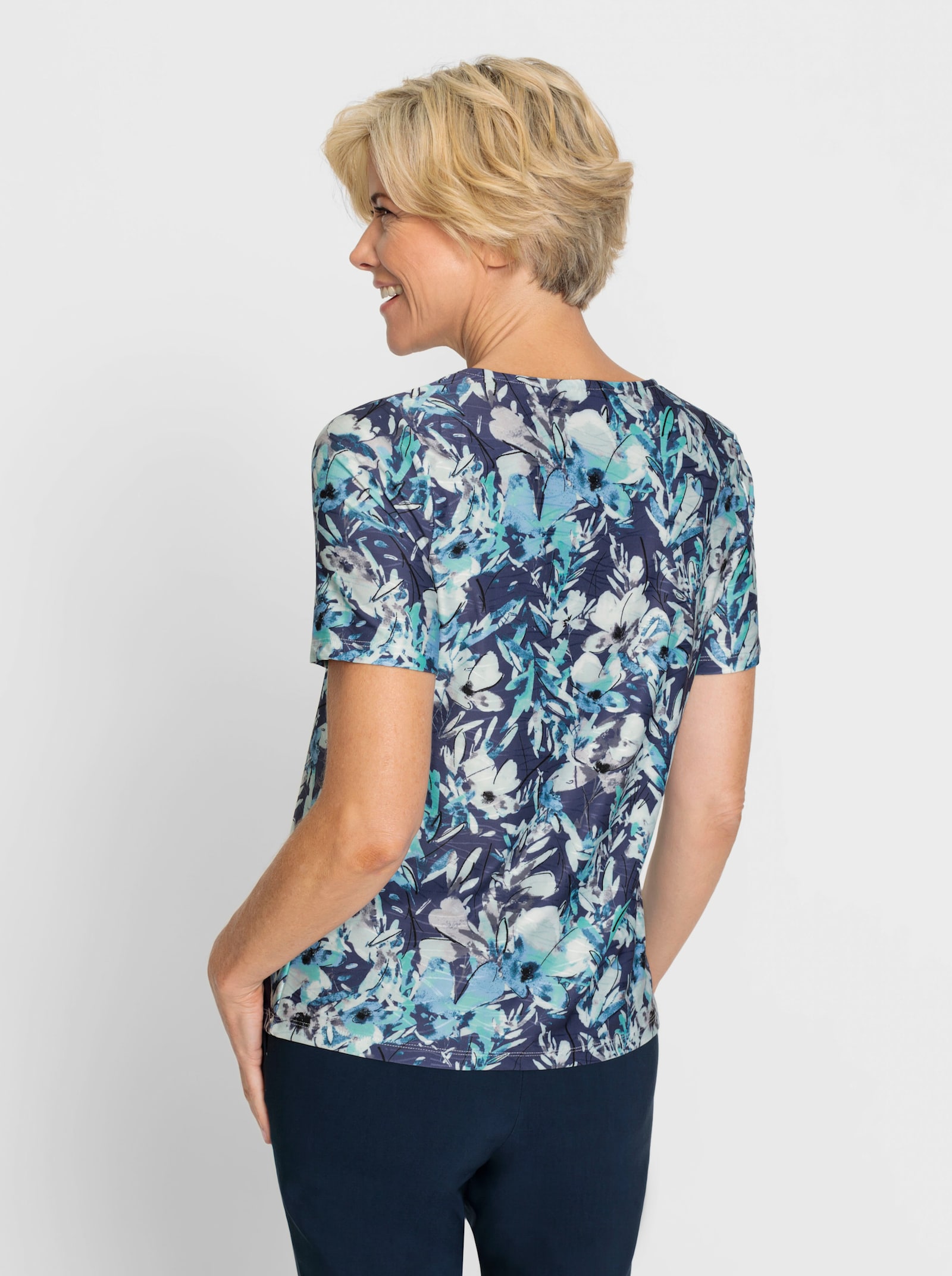 Shirt met ronde hals in bloemdessin - marine/ecru geprint