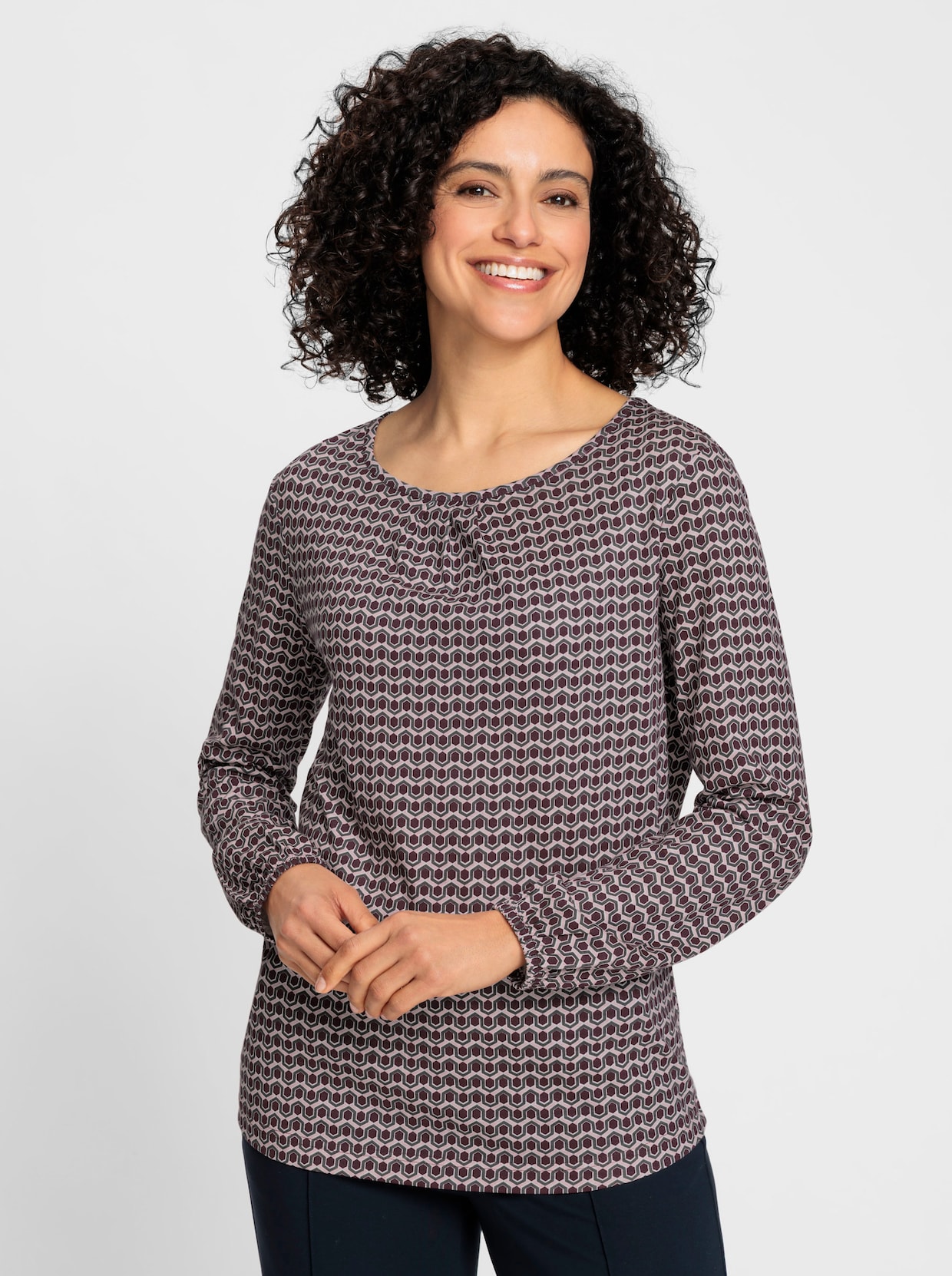 Langarmshirt - burgund-anthrazit-bedruckt