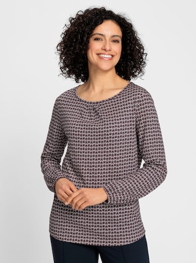 Langarmshirt - burgund-anthrazit-bedruckt