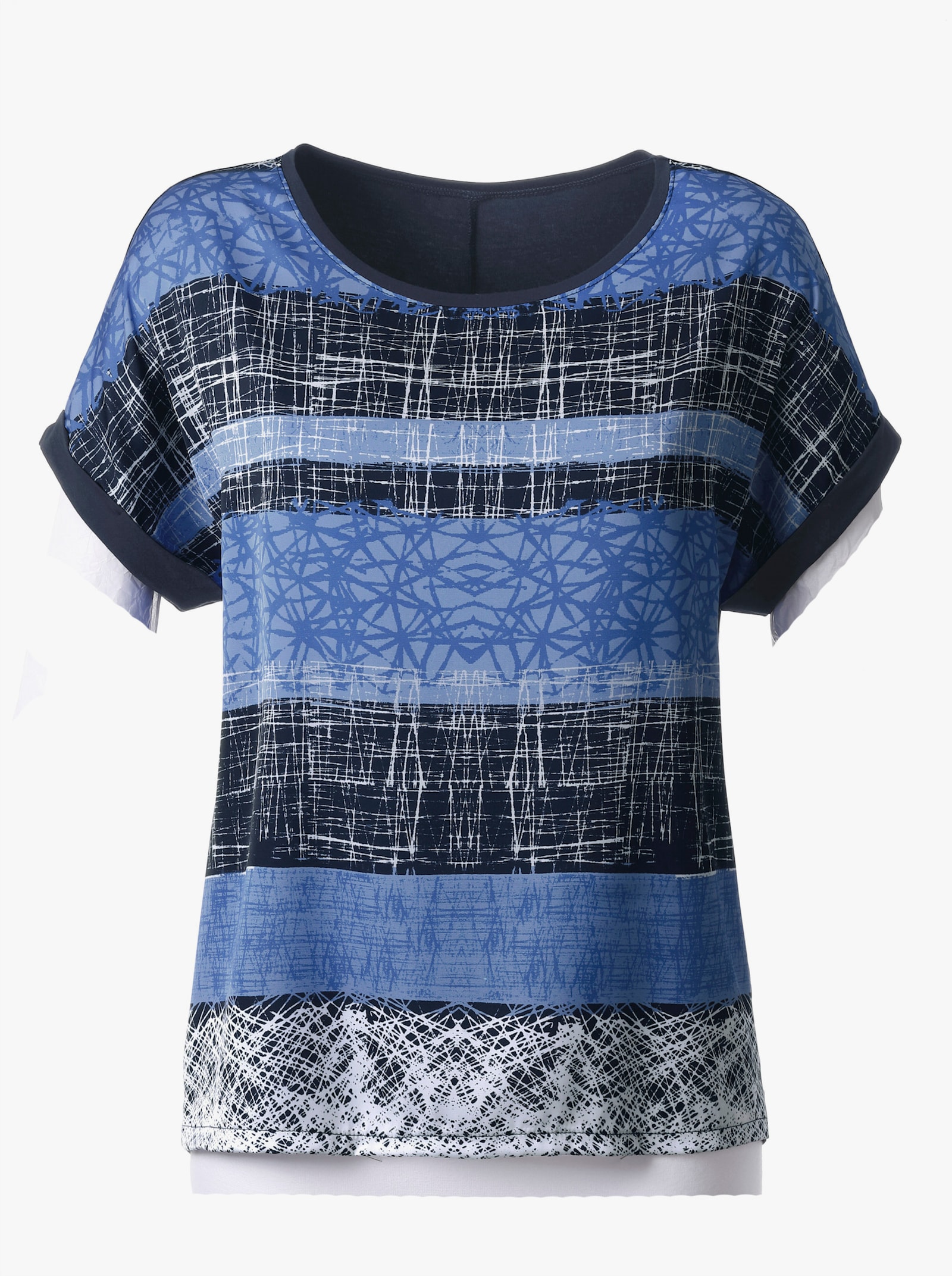 Shirt met korte mouwen en mat satijn - blauw geprint