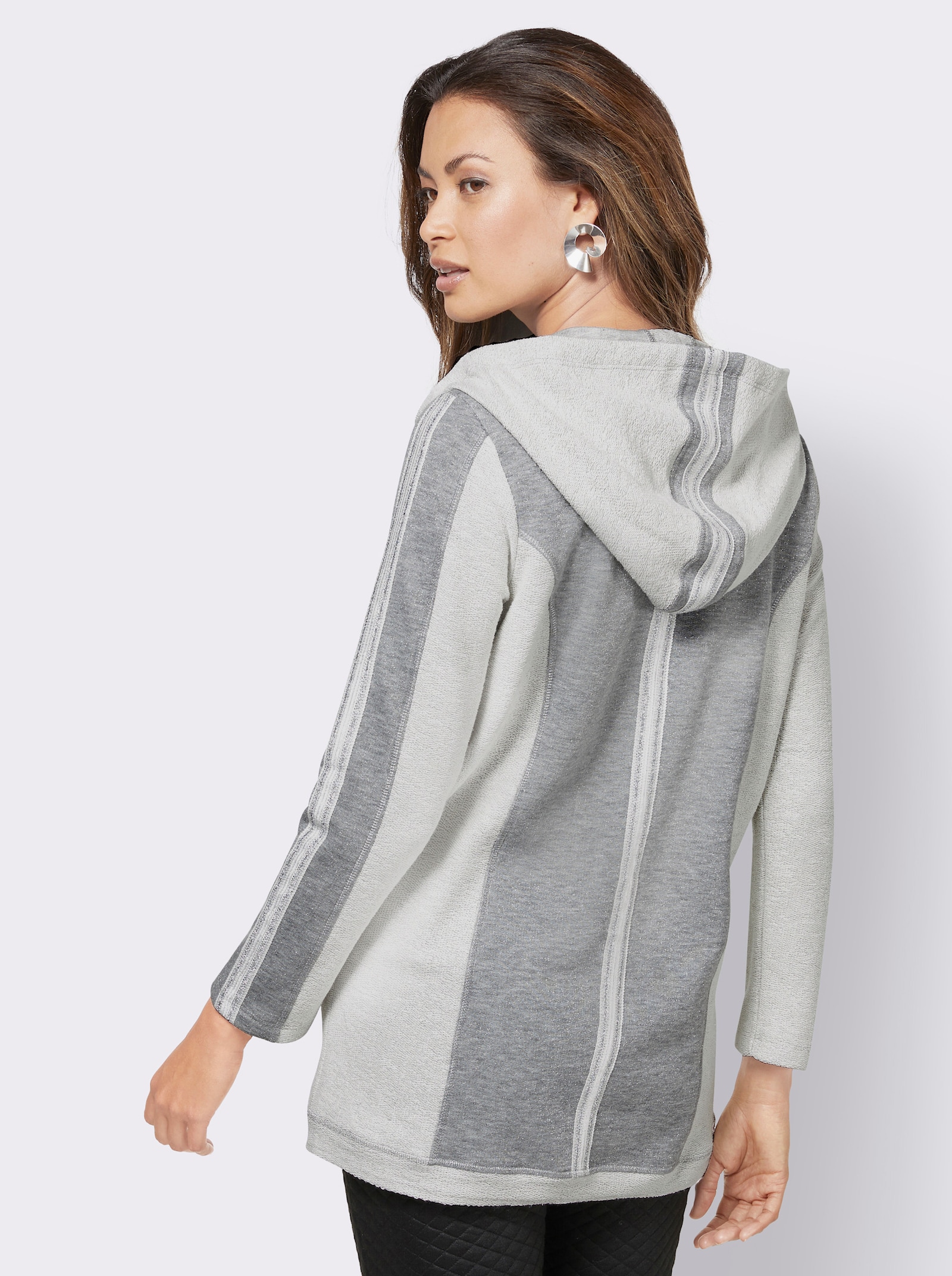 Shirtjacke in Longform - steingrau-ecru-gemustert