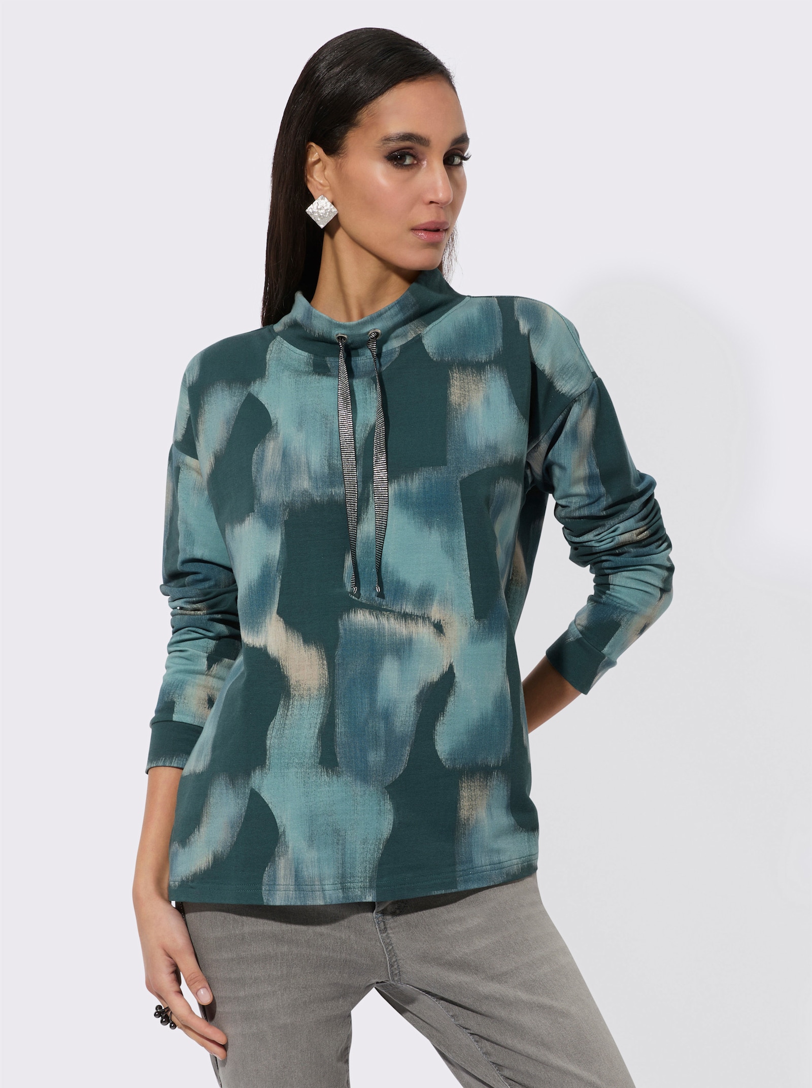 Sweatshirt mit weitenregulierbarem Kragen - ozean-petrol-bedruckt