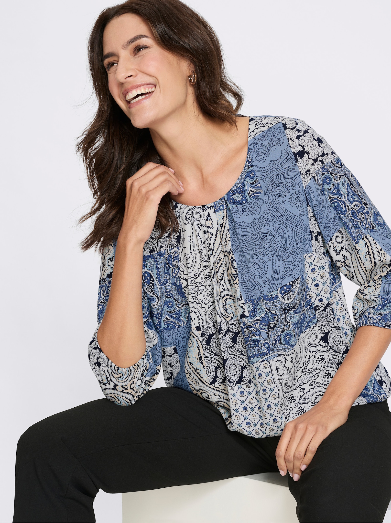 Druckbluse mit elastischen Abschlüssen - ecru-bleu-bedruckt