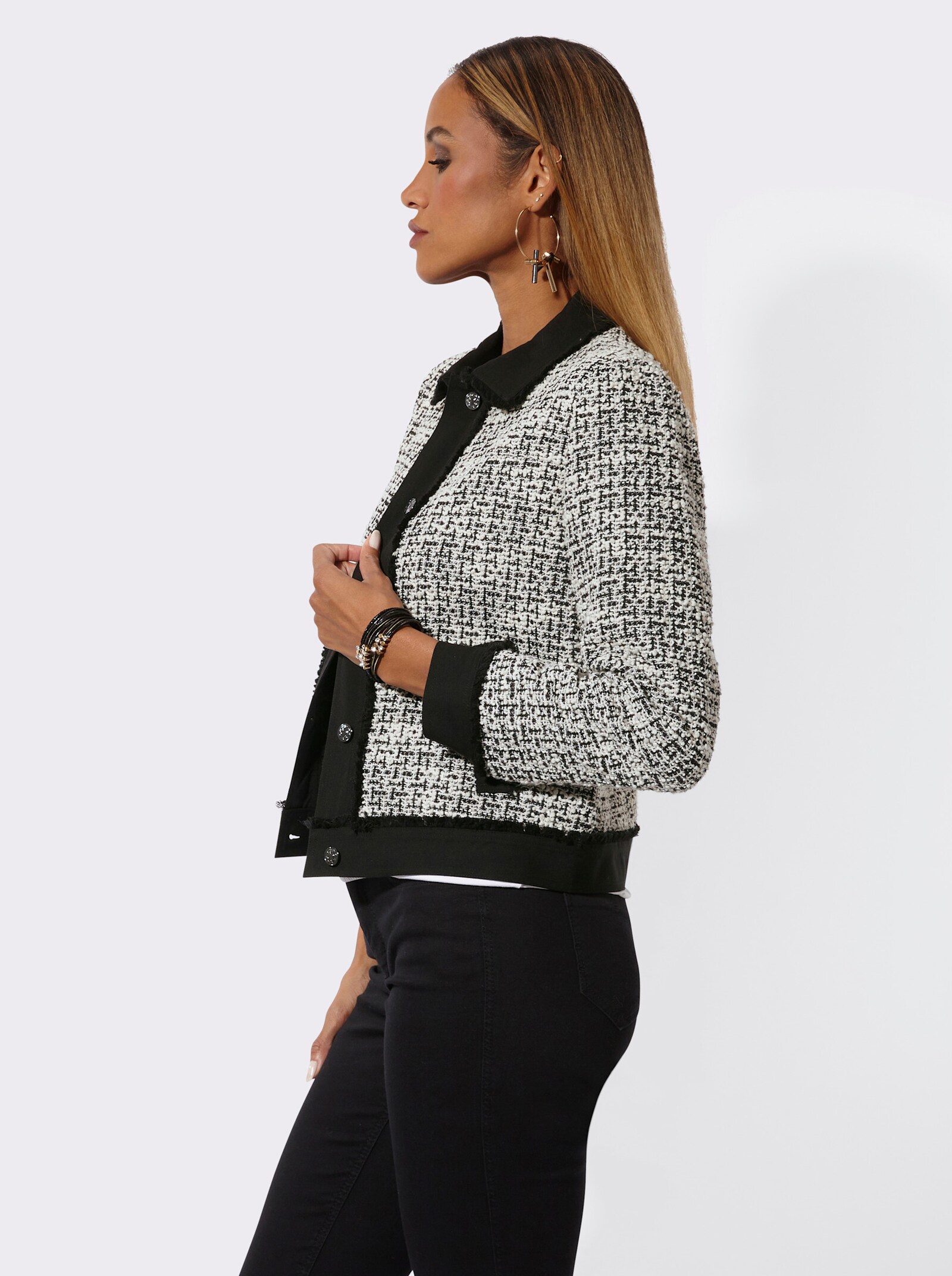 Blazer mit modischen Fransen - schwarz-ecru-gemustert