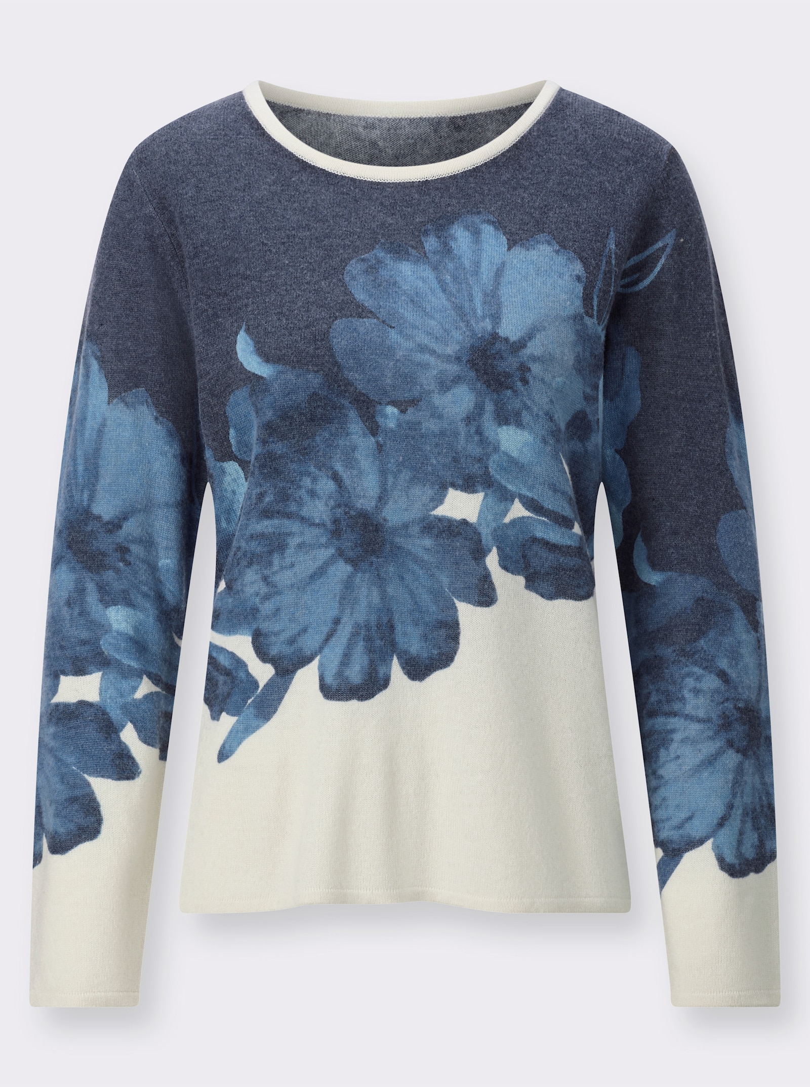 Feinstrickpullover mit diagonalem Blütendruck - champagner-jeansblau-bedruckt