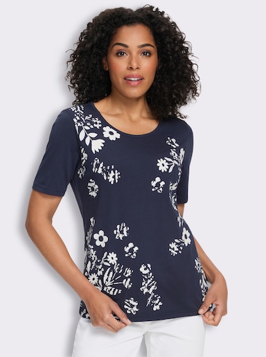 Kurzarmshirt mit Blüten-Druck - marine-weiß