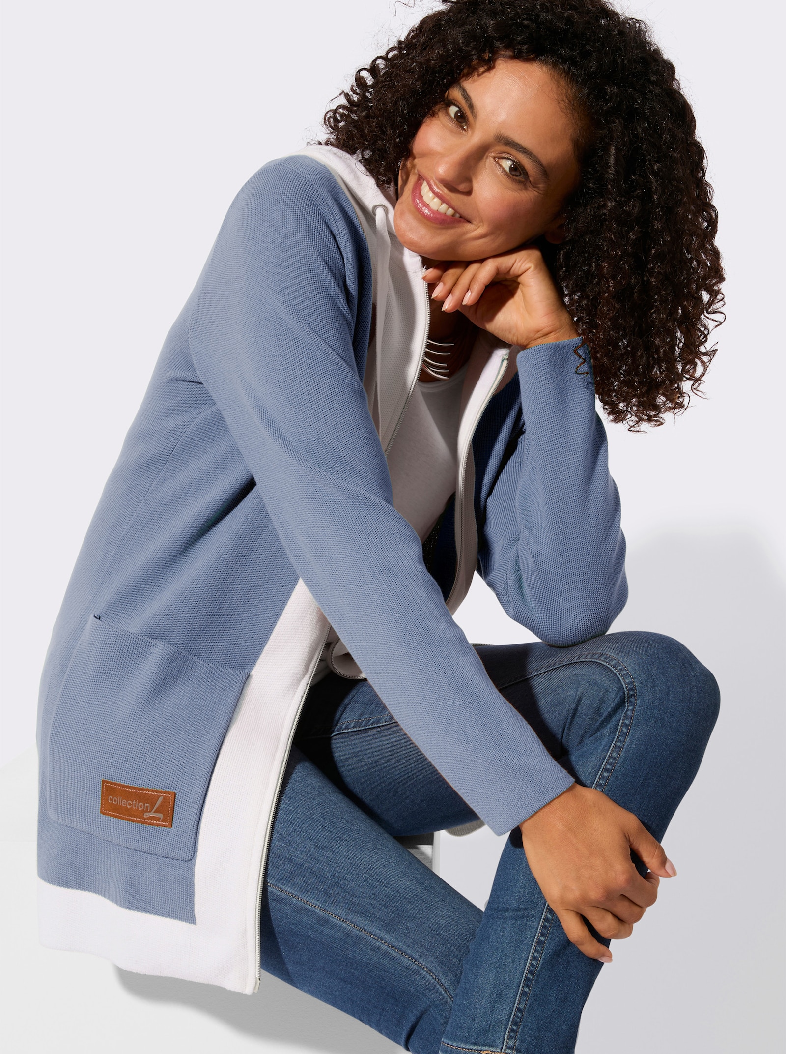 Longstrickjacke mit 2-Wege-Reißverschluss - taubenblau-ecru