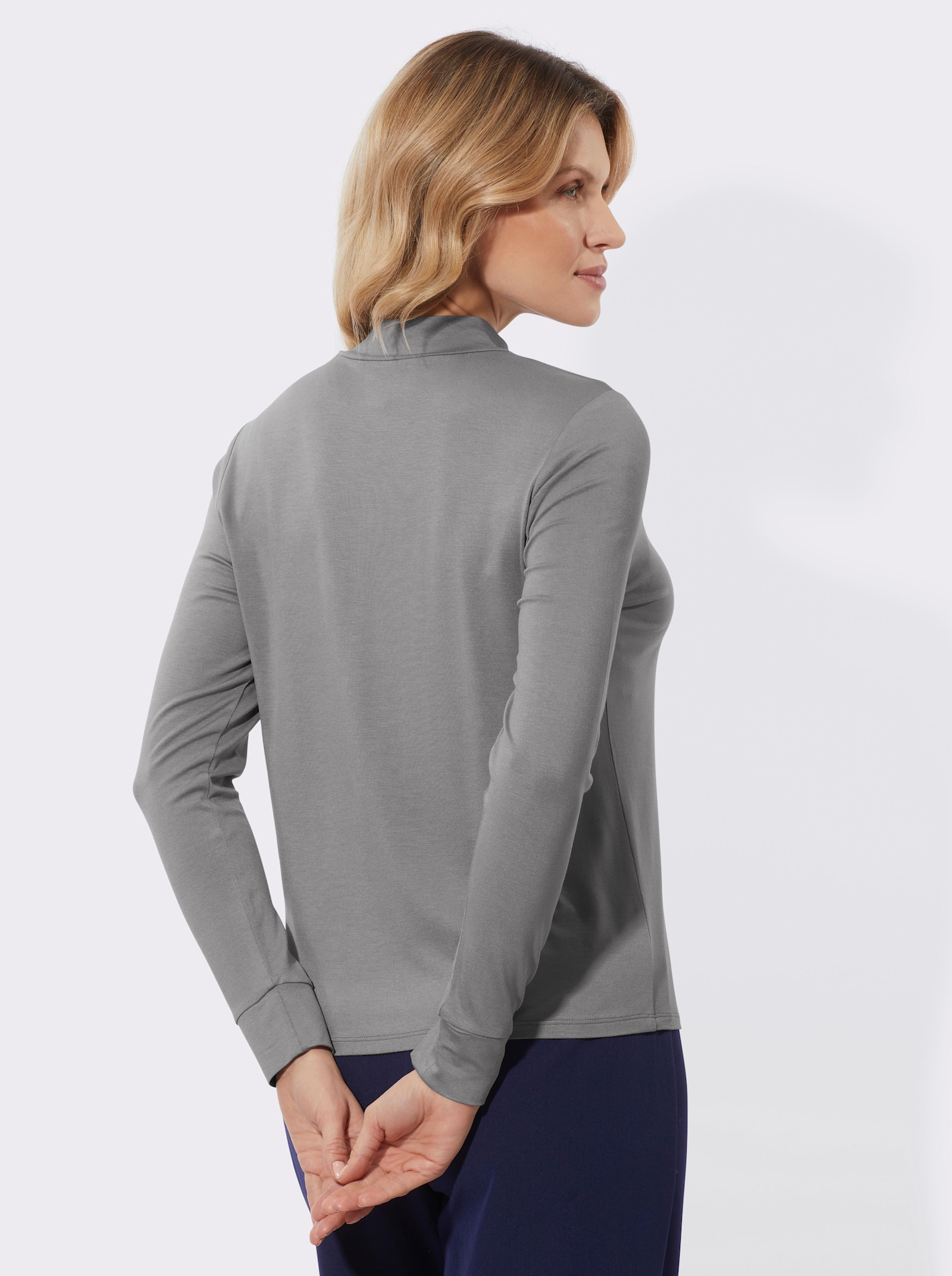 Stehkragenshirt mit Deko-Schleife - grau